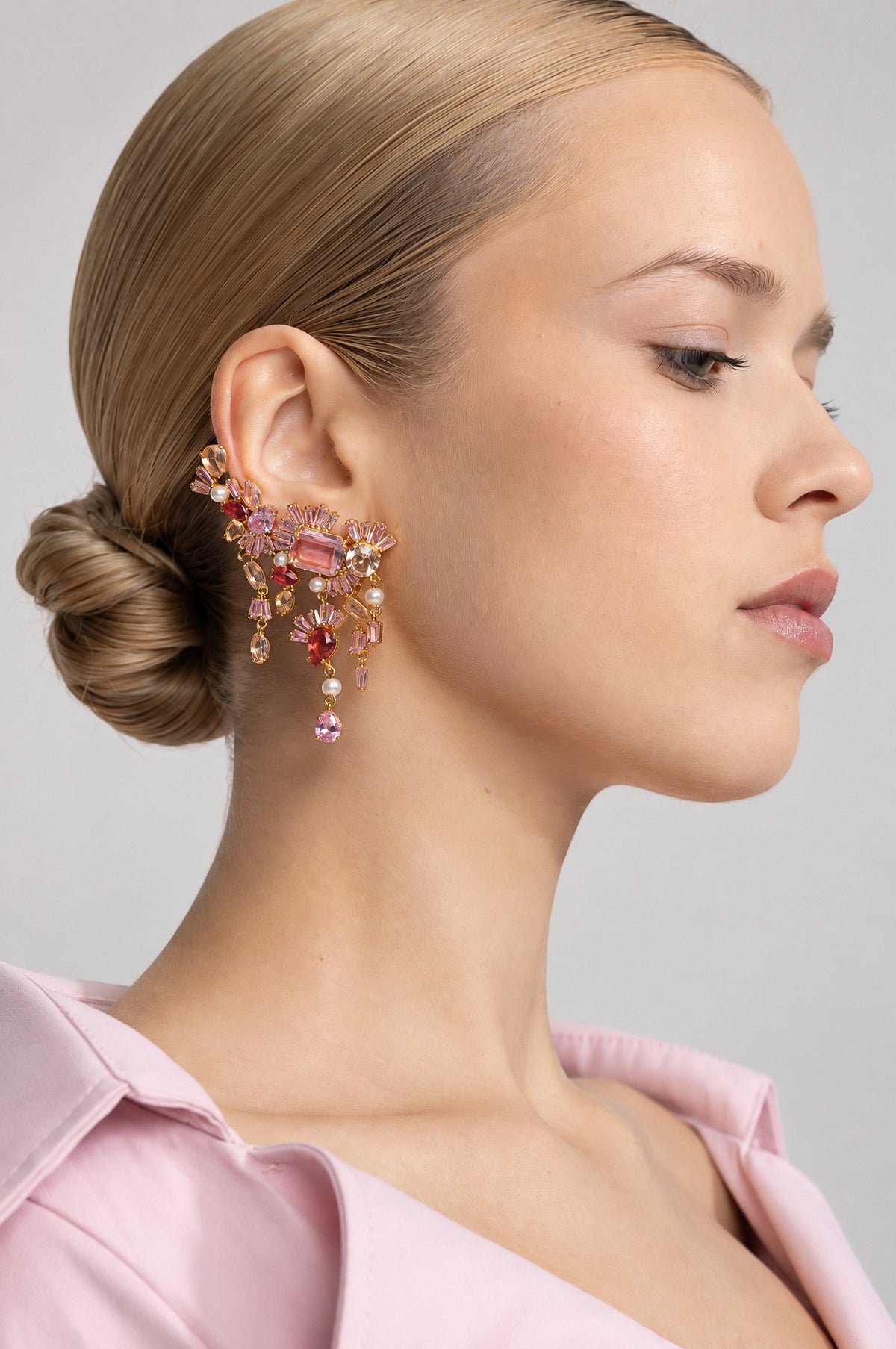 Rose Gold Pink Crystal Floral Cluster Drop Earrings