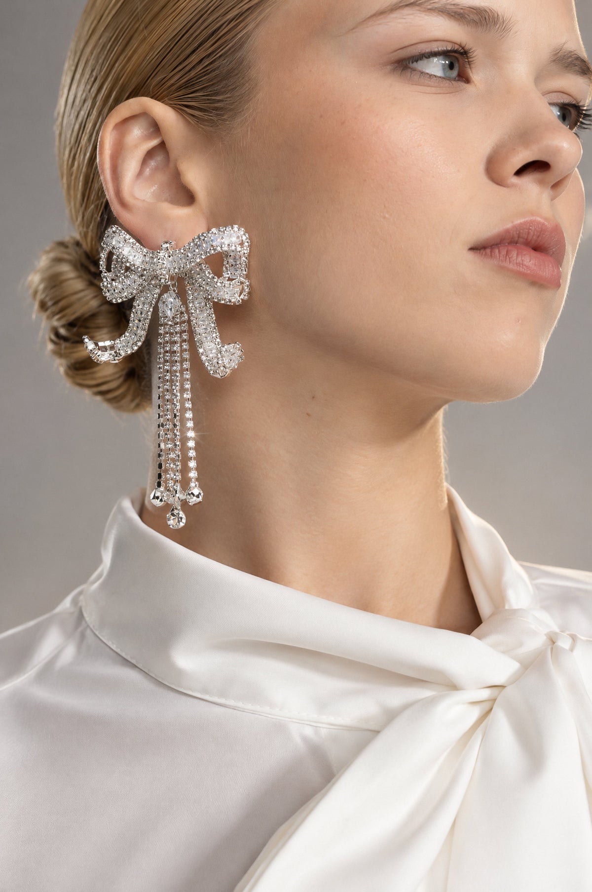Viviane Silver Crystal Bow Fringe Drop Earrings