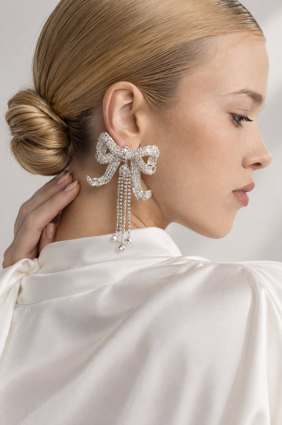 Viviane Silver Crystal Bow Fringe Drop Earrings