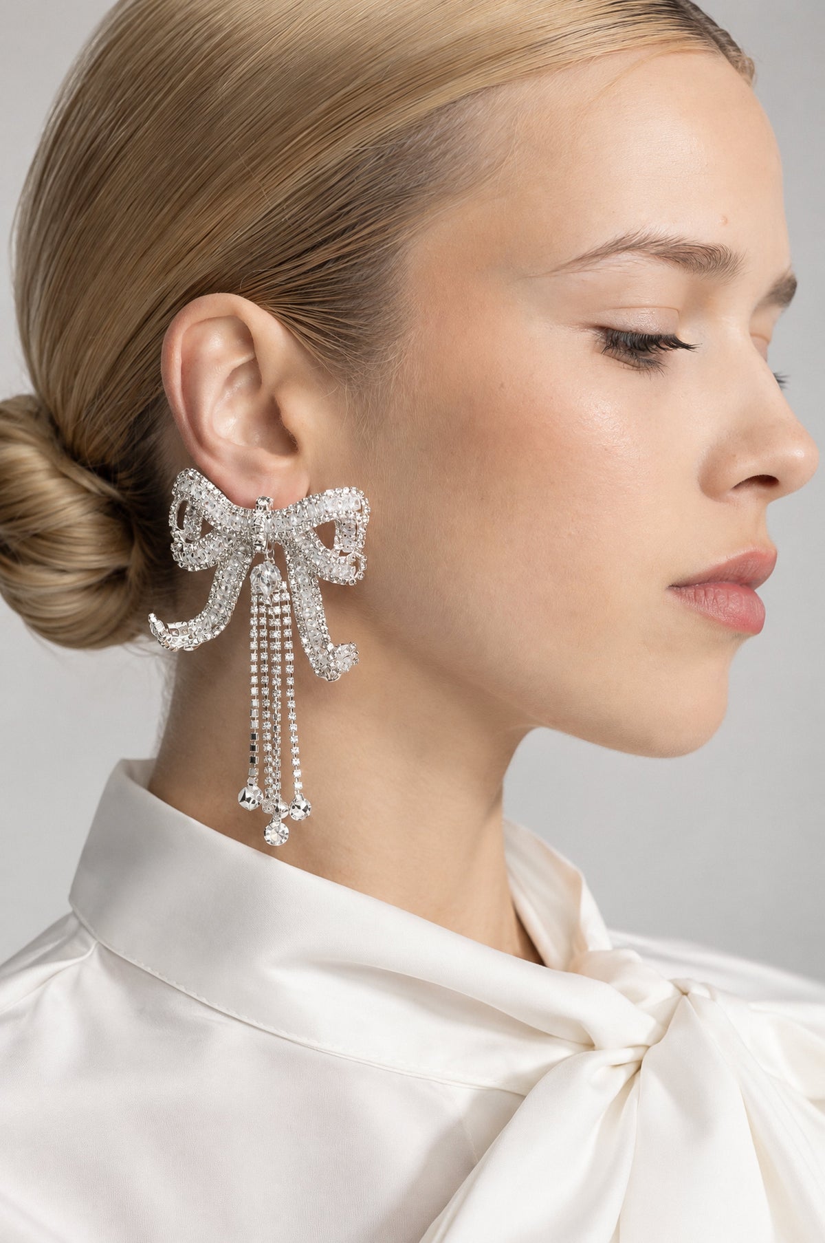 Viviane Silver Crystal Bow Fringe Drop Earrings