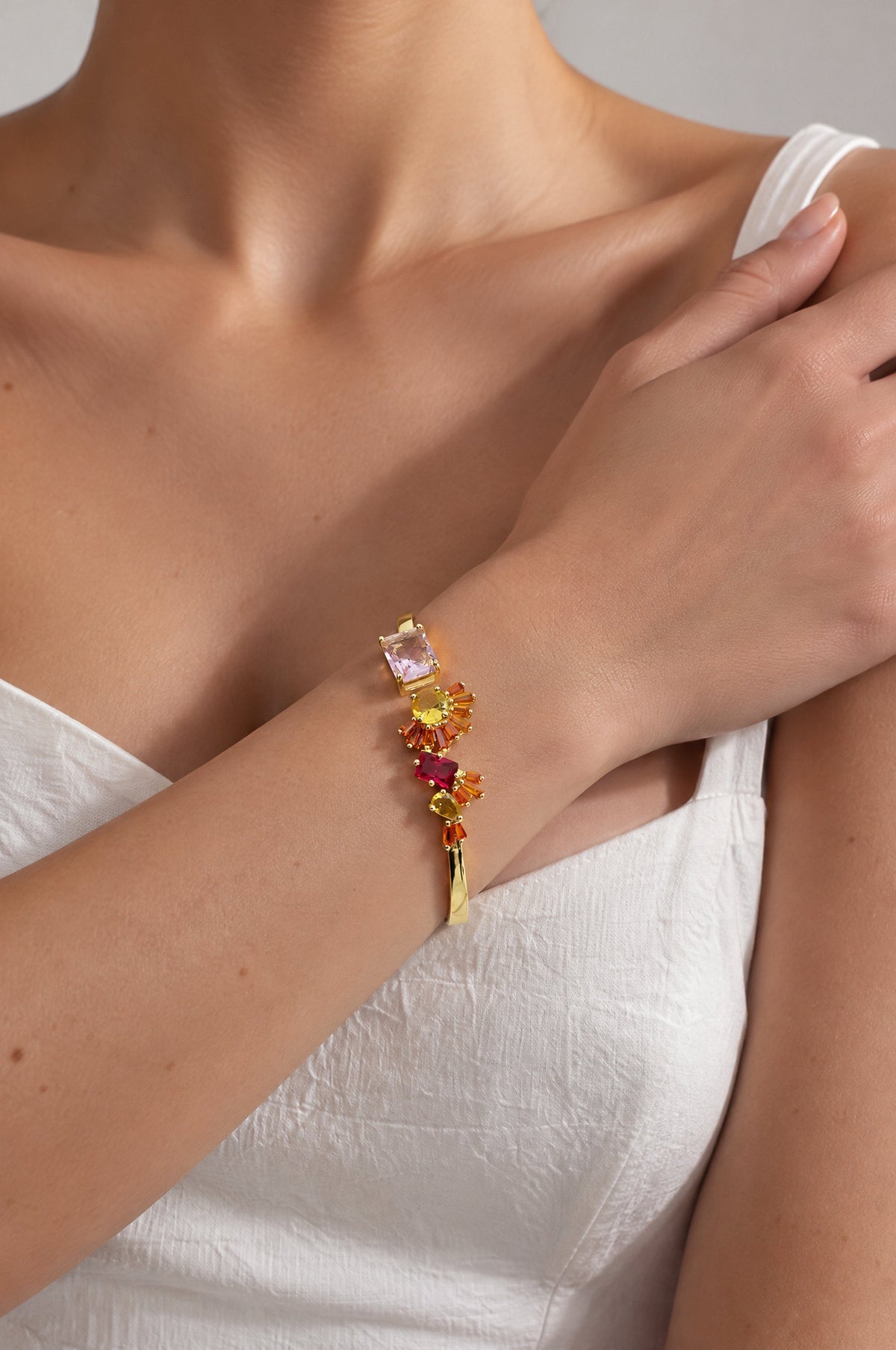 Jade Gold Multicolour Crystal Cluster Cuff Bracelet