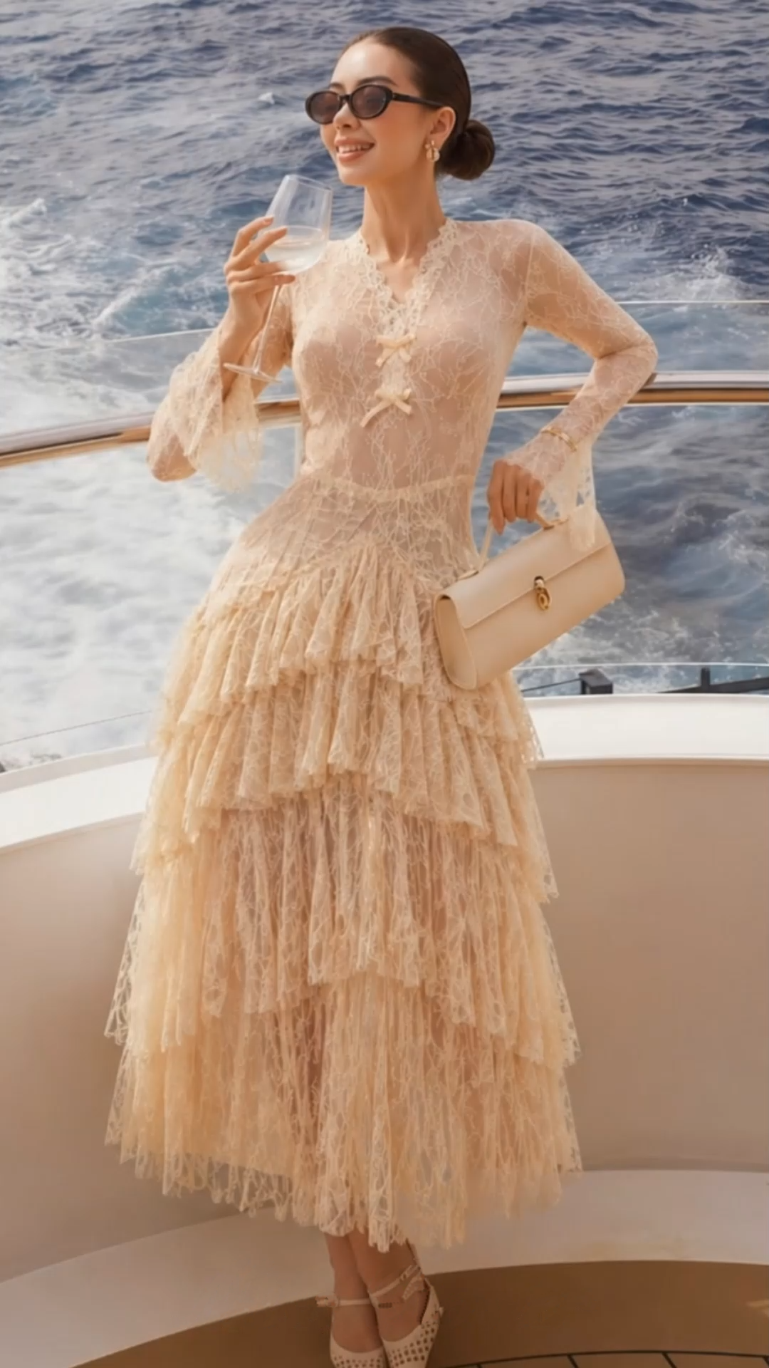 humayma beige lace tiered midi dress