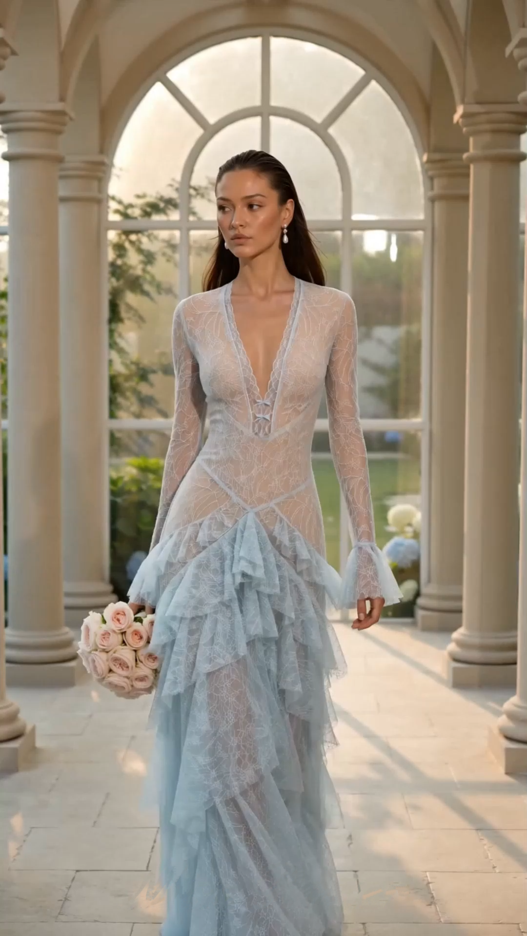 humayma blue lace tiered midi dress