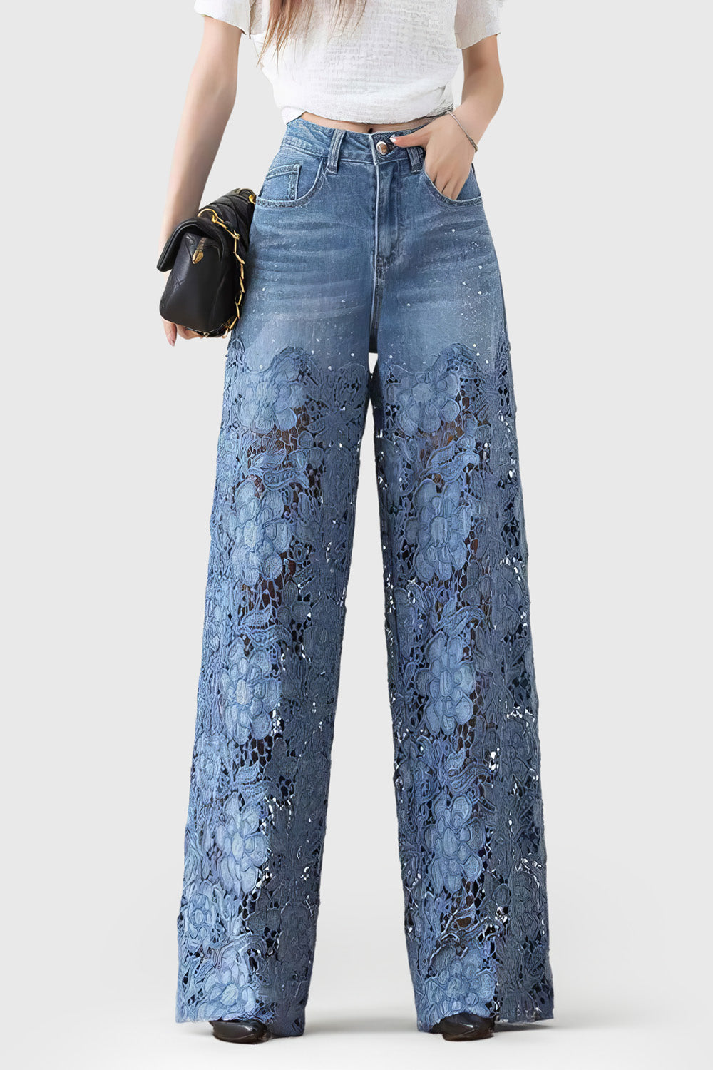 Wide Jeans with Lace Detail - Blue