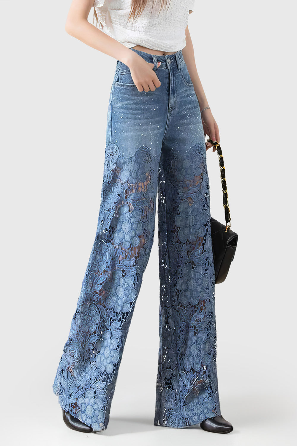 Wide Jeans with Lace Detail - Blue