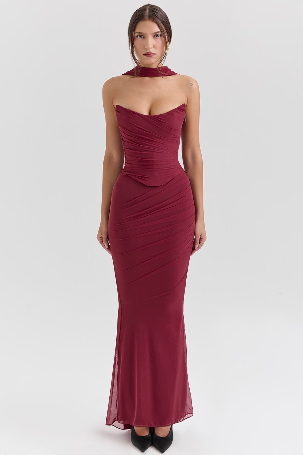Hallie Cabernet Strapless Corset with Neck Scarf