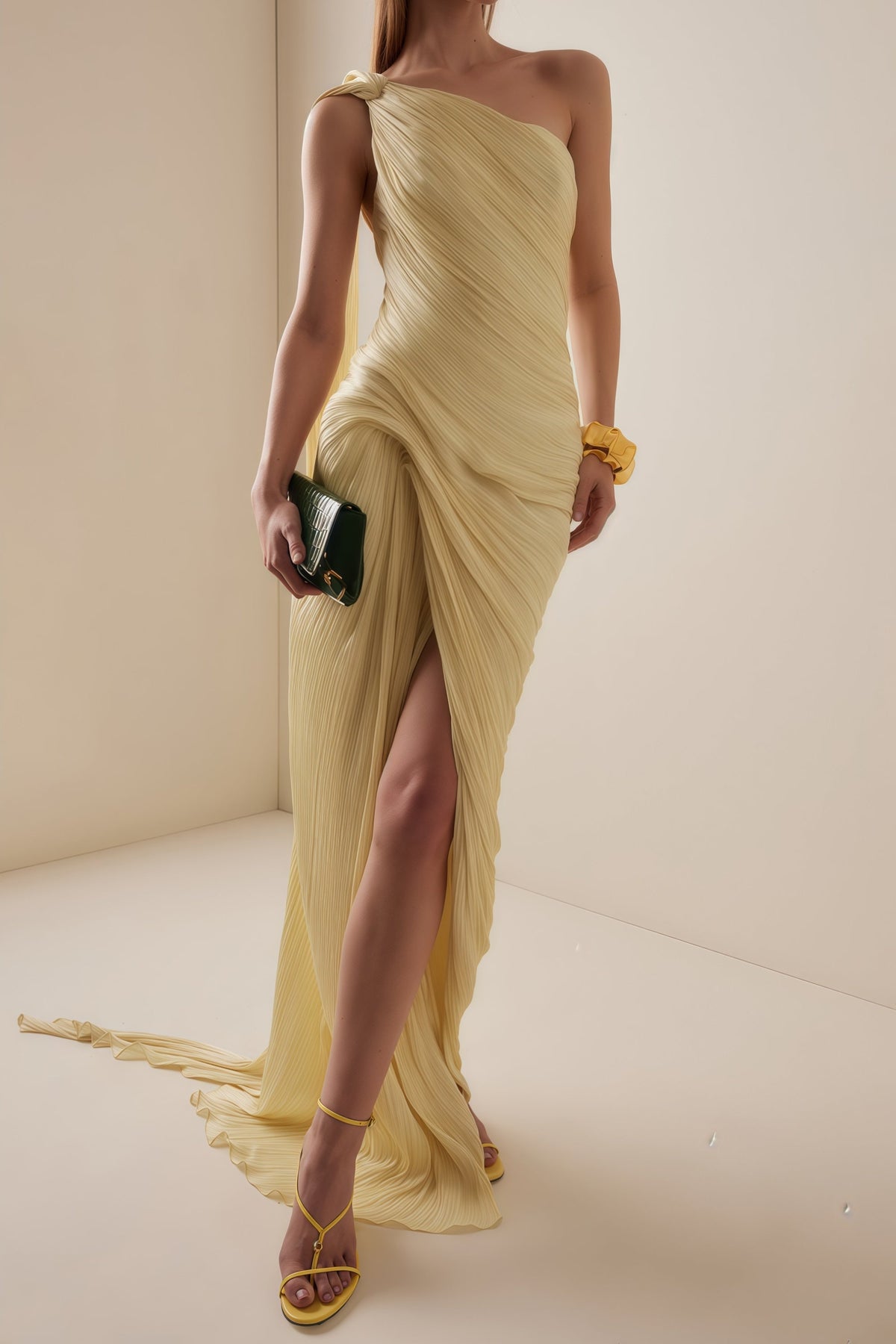 ruched asymmetric one-shoulder maxi dress in buttercream Meissa Yellow Asymmetrical Ruched Maxi Dress
