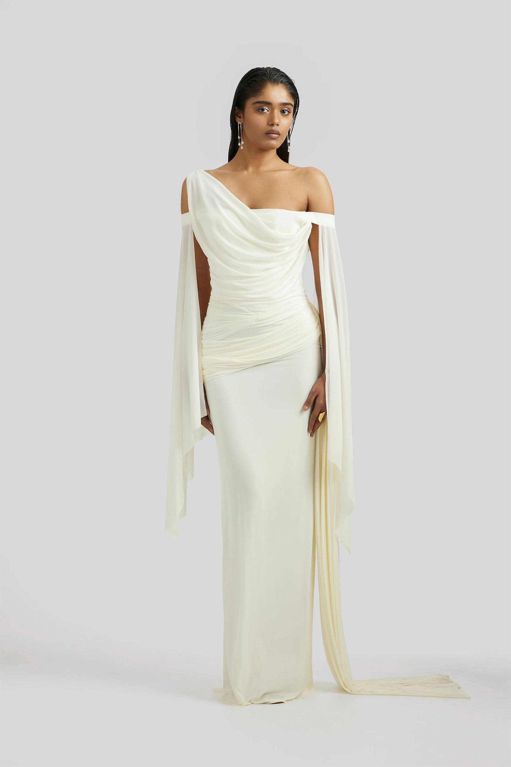 Aurianne White Asymmetrical Draped Maxi Dress