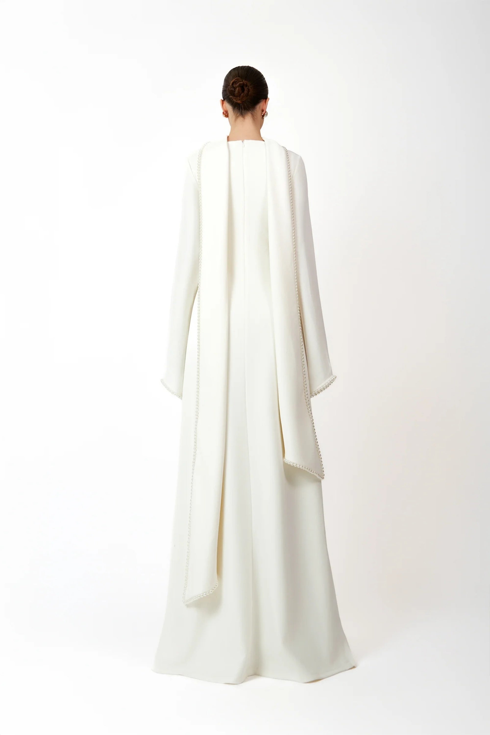 Piroska White Pearl Trim Shawl Detail Maxi Dress