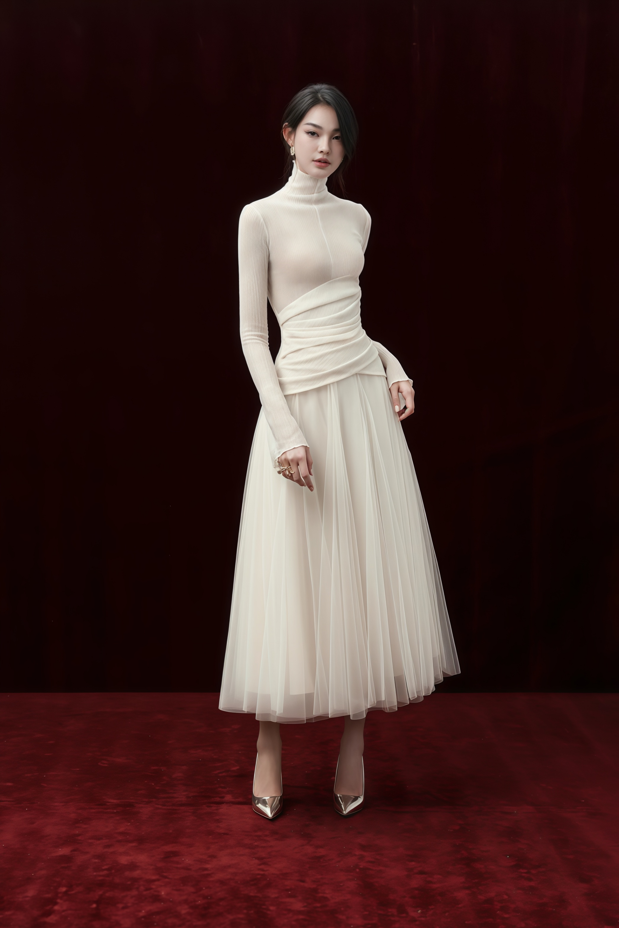 Lark White Tulle Panel Knit Maxi Dress