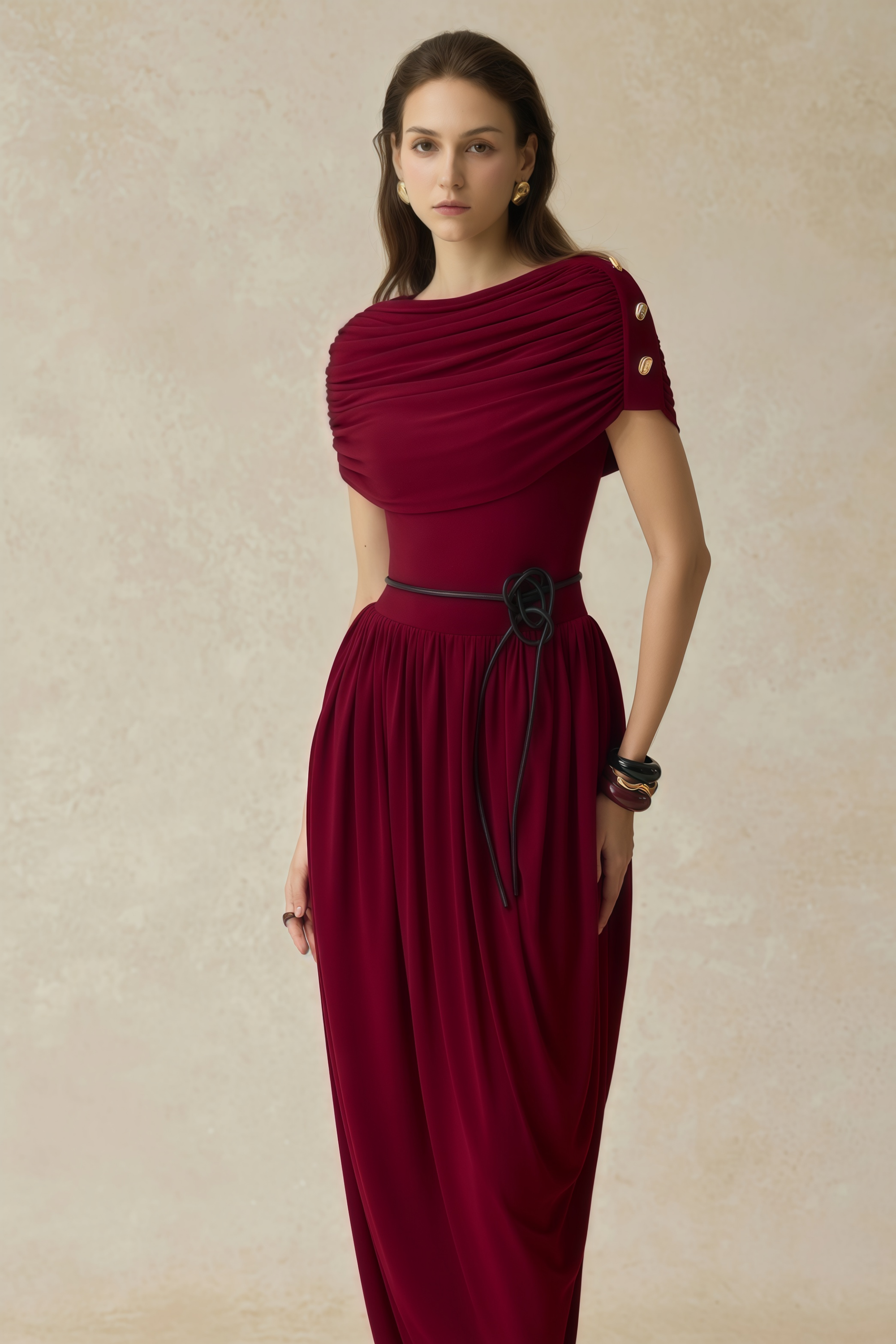 Gianna Burgundy Shawl Design Draped Maxi Dress (Final Sale-US Only)