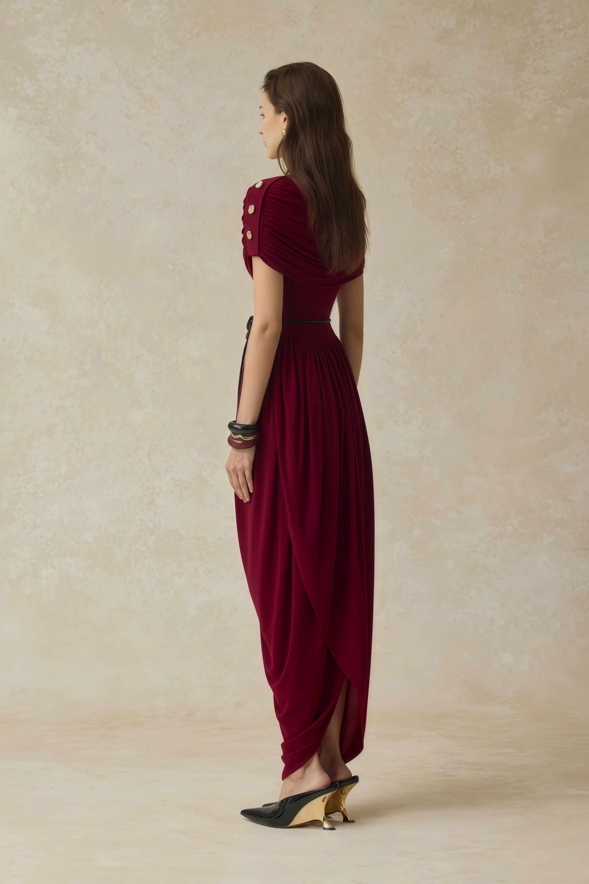 Gianna Burgundy Shawl Design Draped Maxi Dress (Final Sale-US Only)