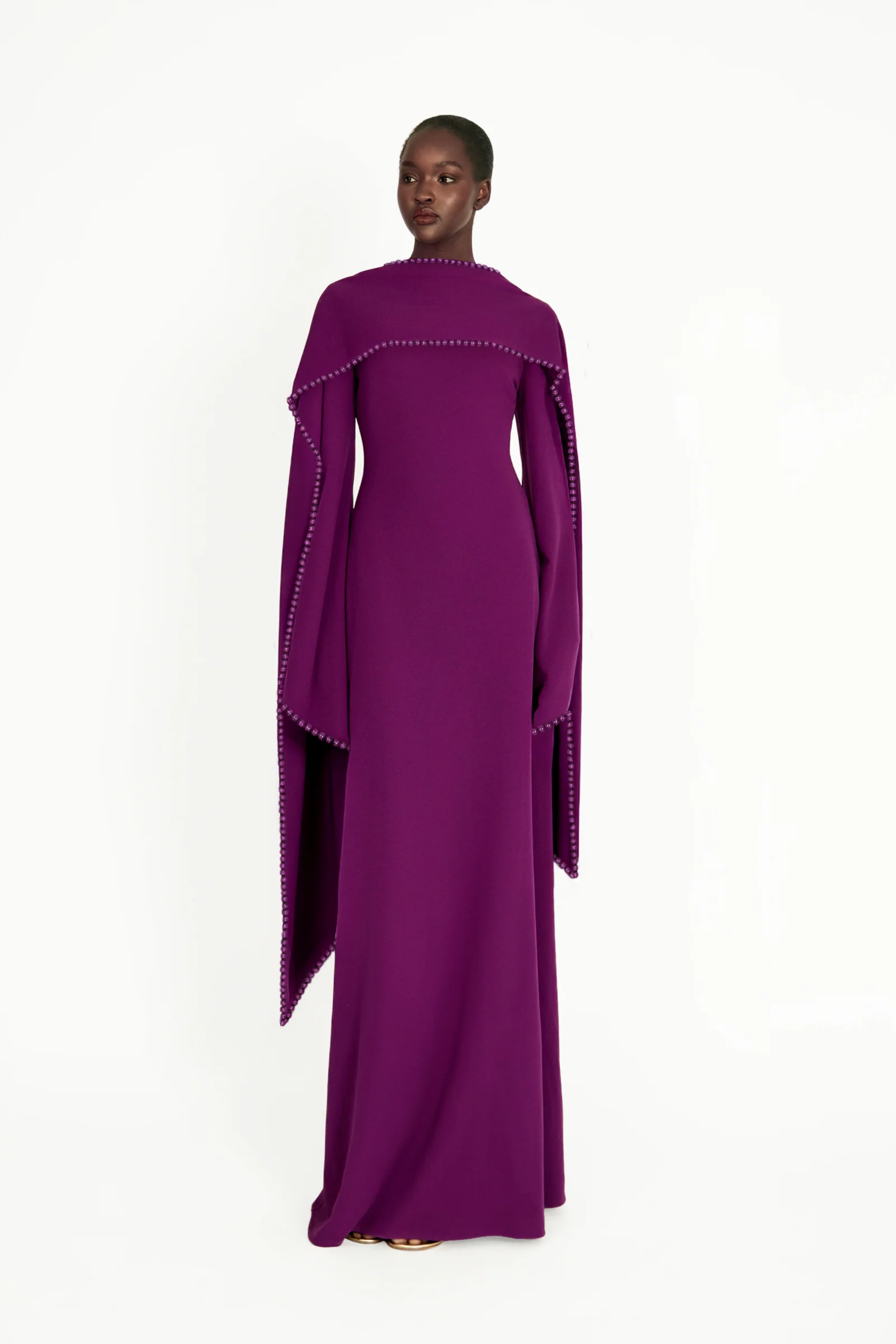 Piroska Purple Pearl Trim Shawl Detail Maxi Dress