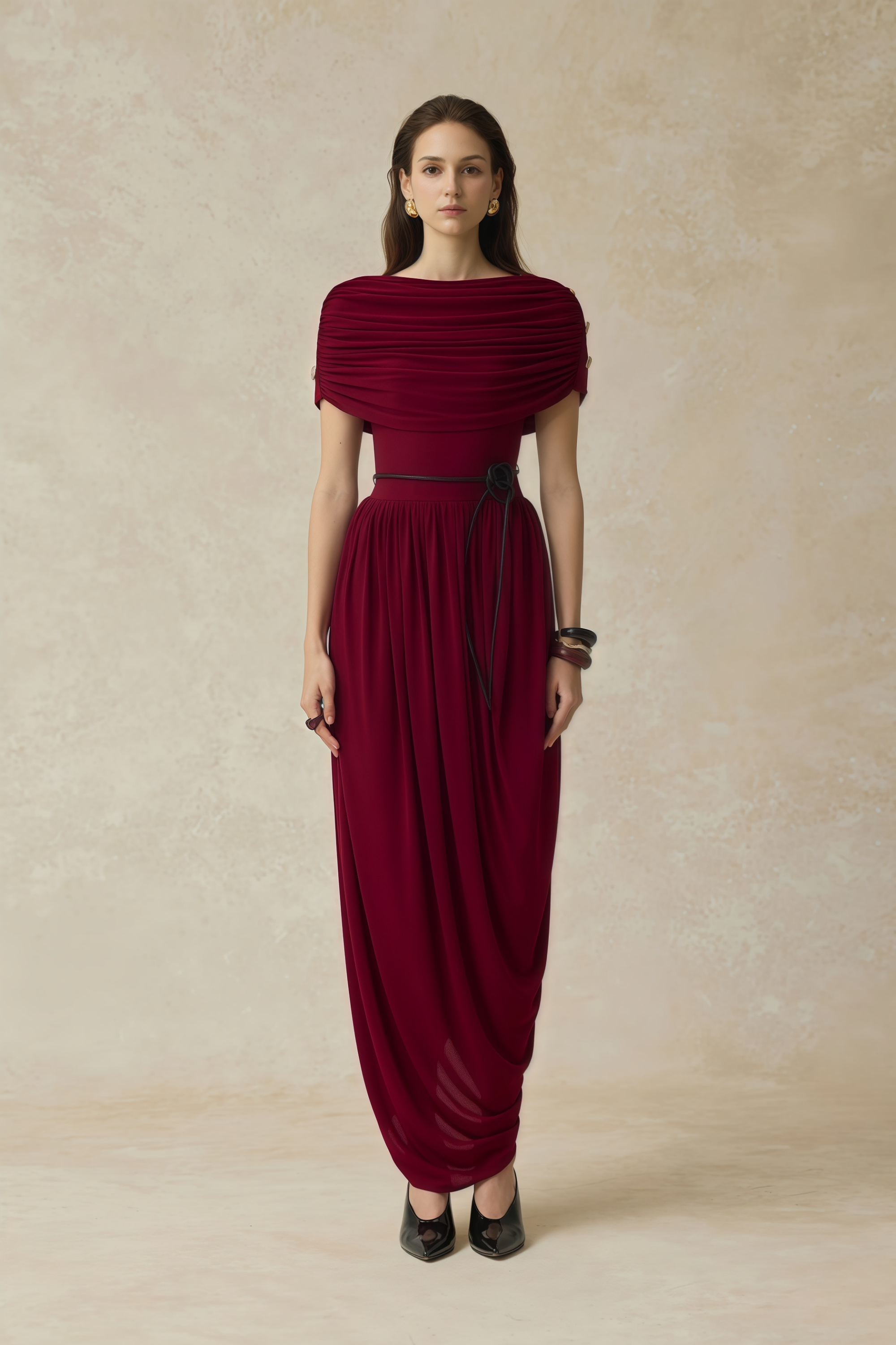 Gianna Burgundy Shawl Design Draped Maxi Dress (Final Sale-US Only)