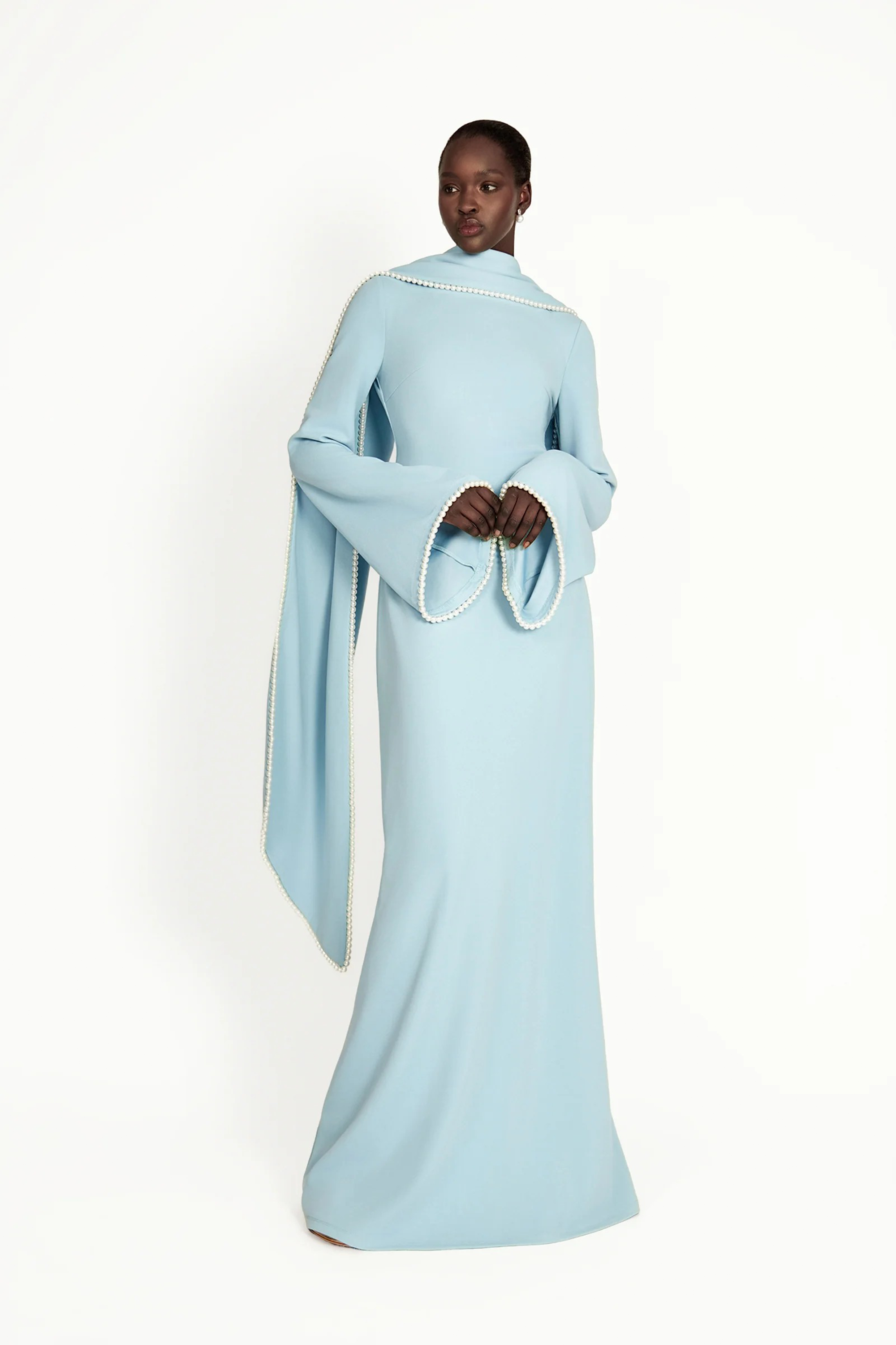 Piroska Blue Pearl Trim Shawl Detail Maxi Dress