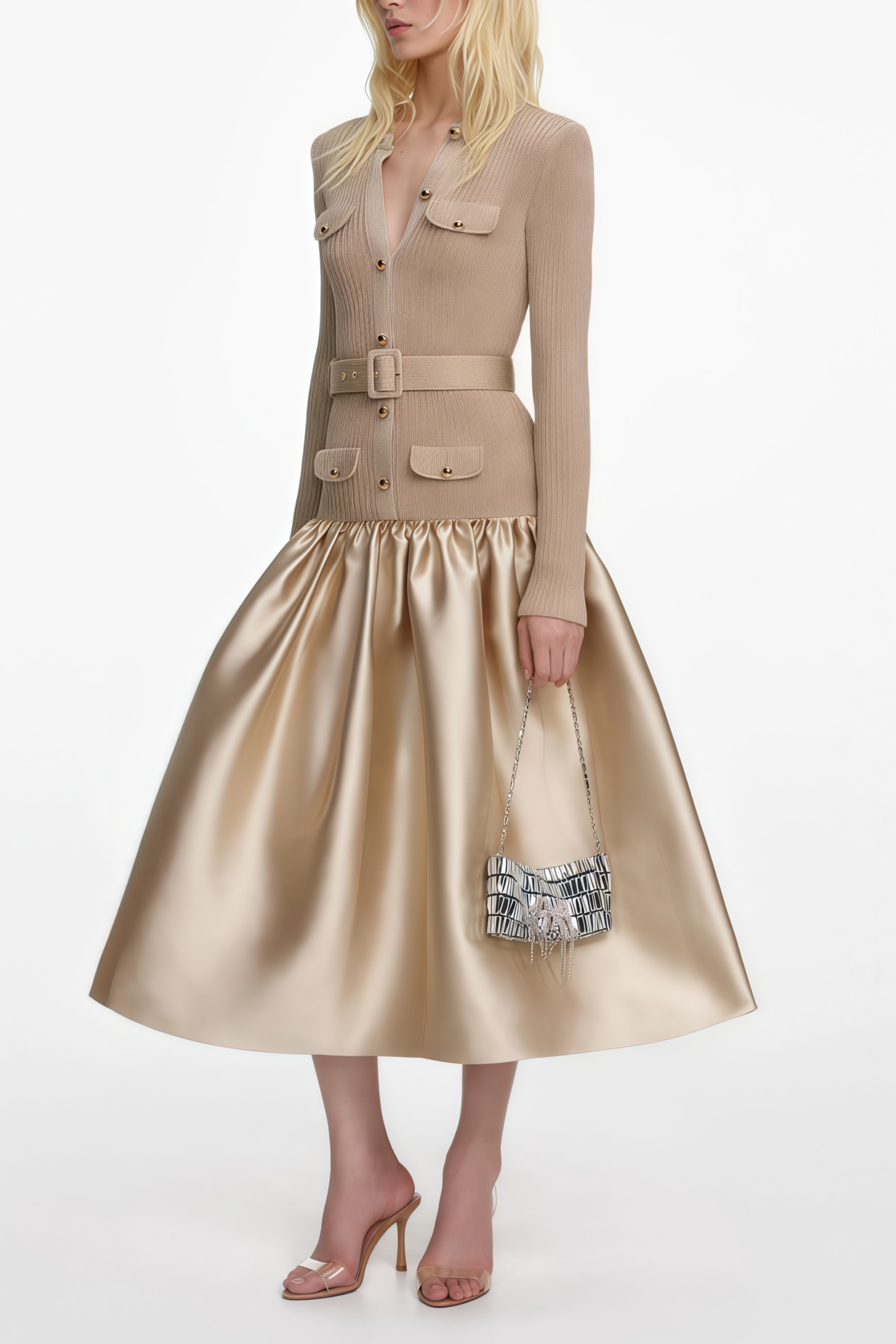 Fern Gold Satin Panel Knit Midi Dress (Final Sale-US Only)