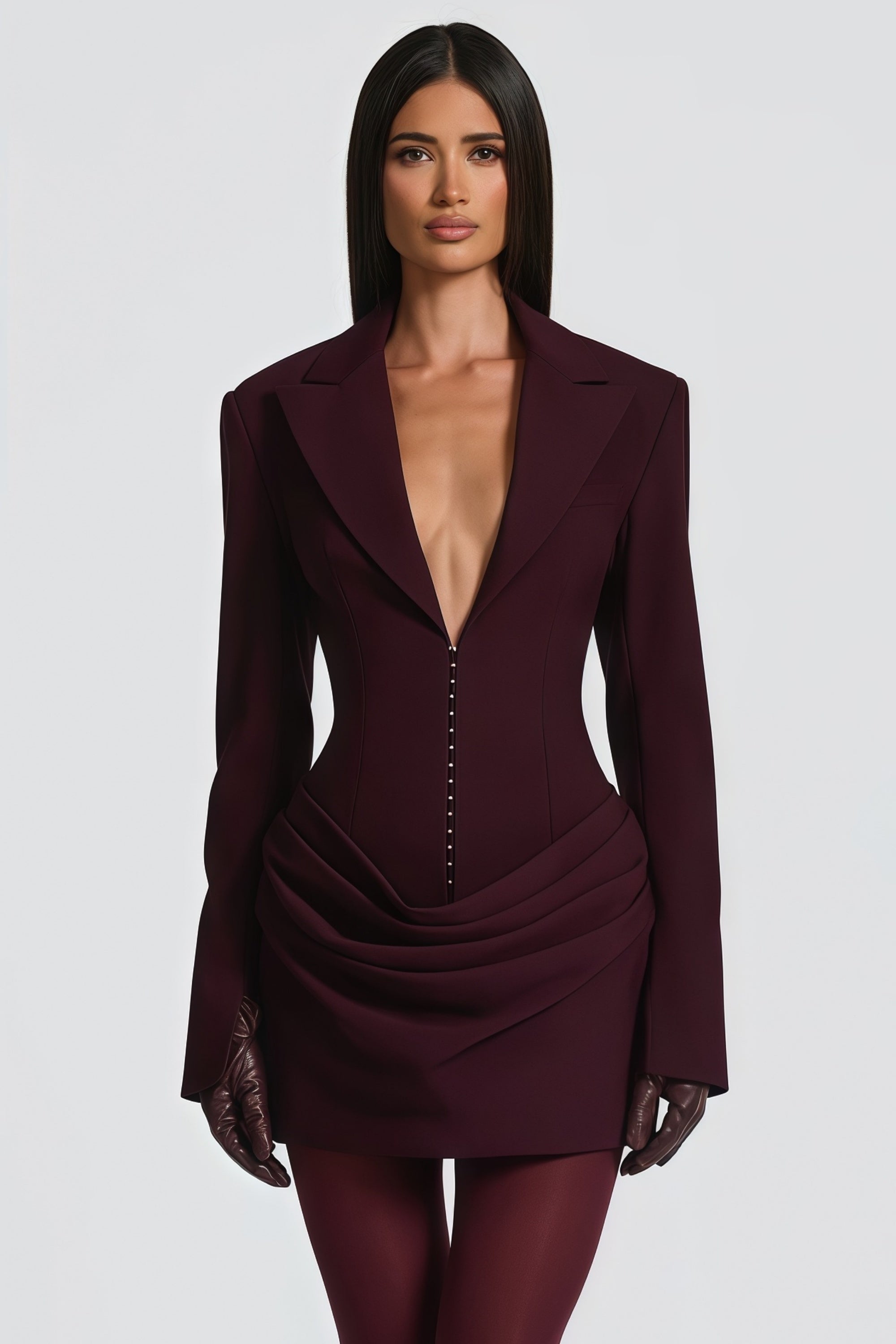 Rosette Wine Red Ruched Blazer Mini Dress