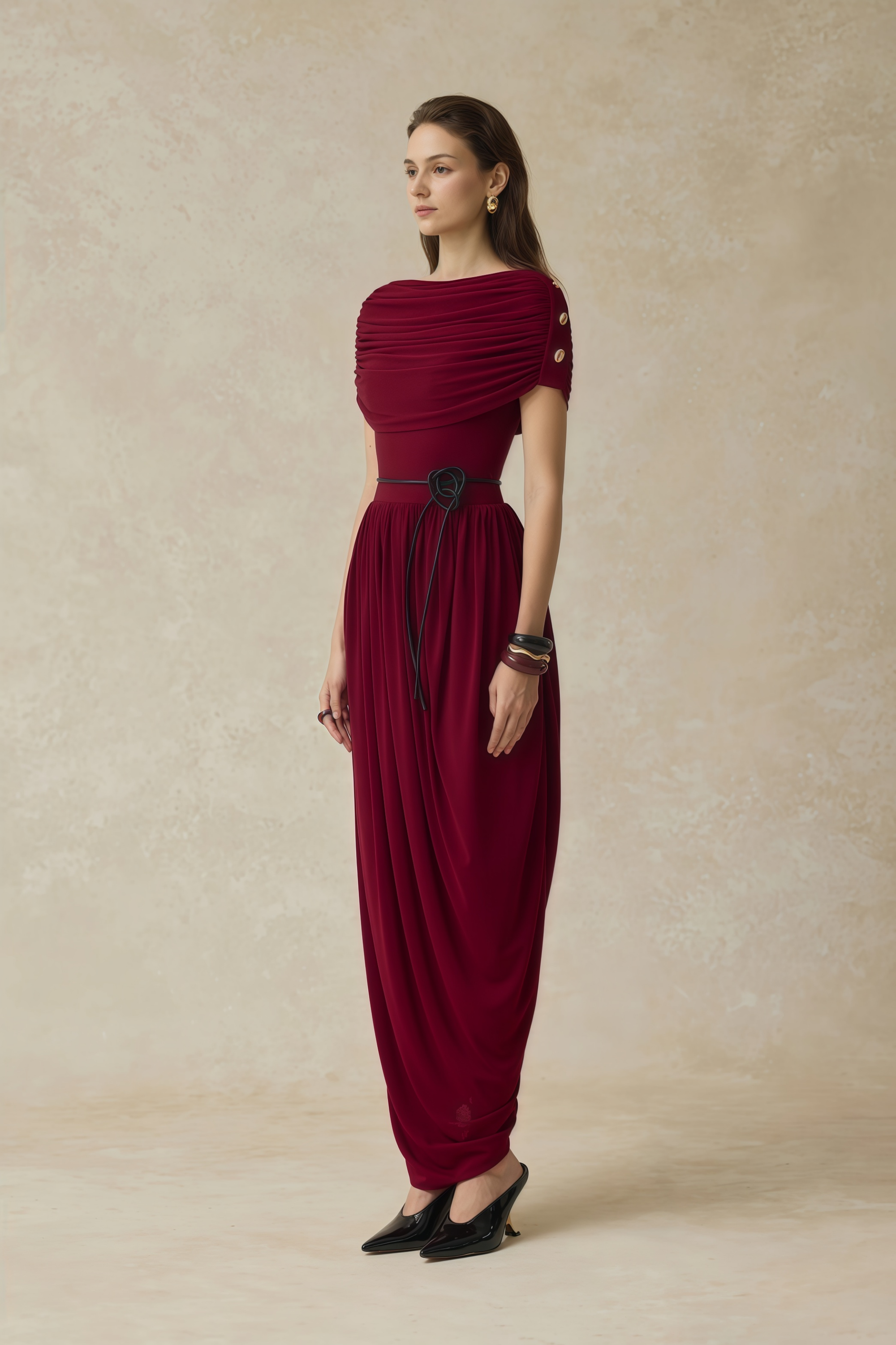Gianna Burgundy Shawl Design Draped Maxi Dress (Final Sale-US Only)