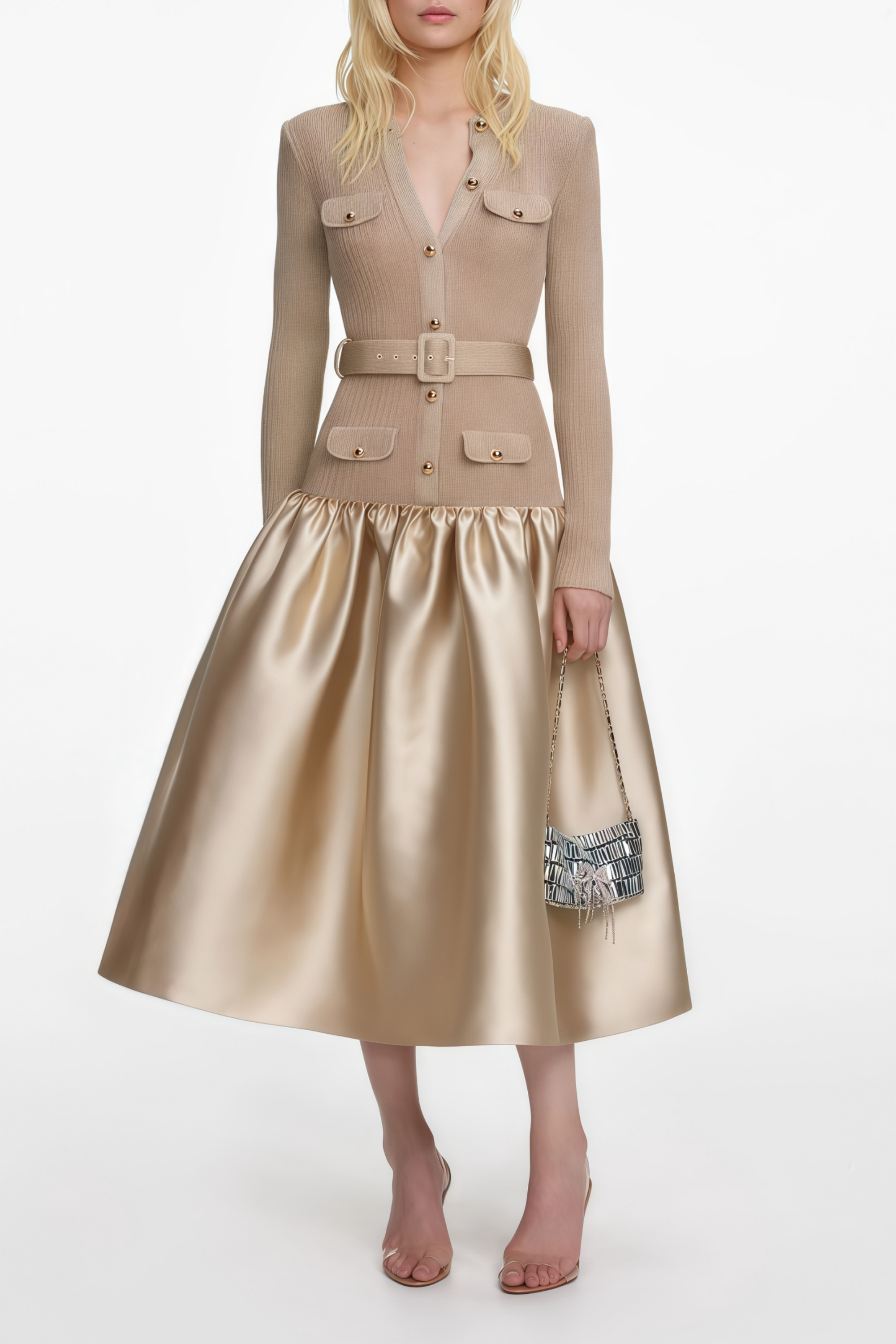 Fern Gold Satin Panel Knit Midi Dress (Final Sale-US Only)