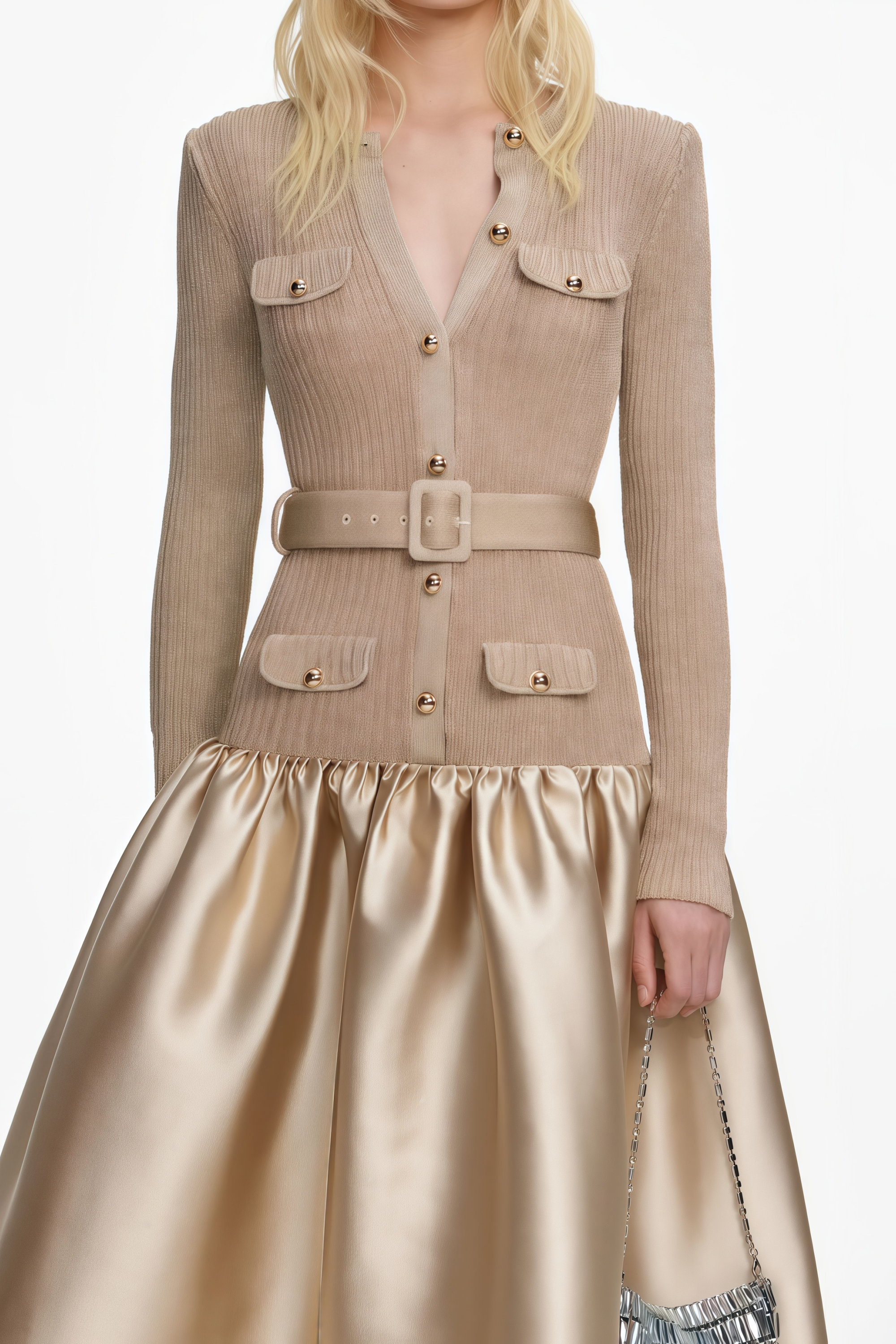 Fern Gold Satin Panel Knit Midi Dress (Final Sale-US Only)