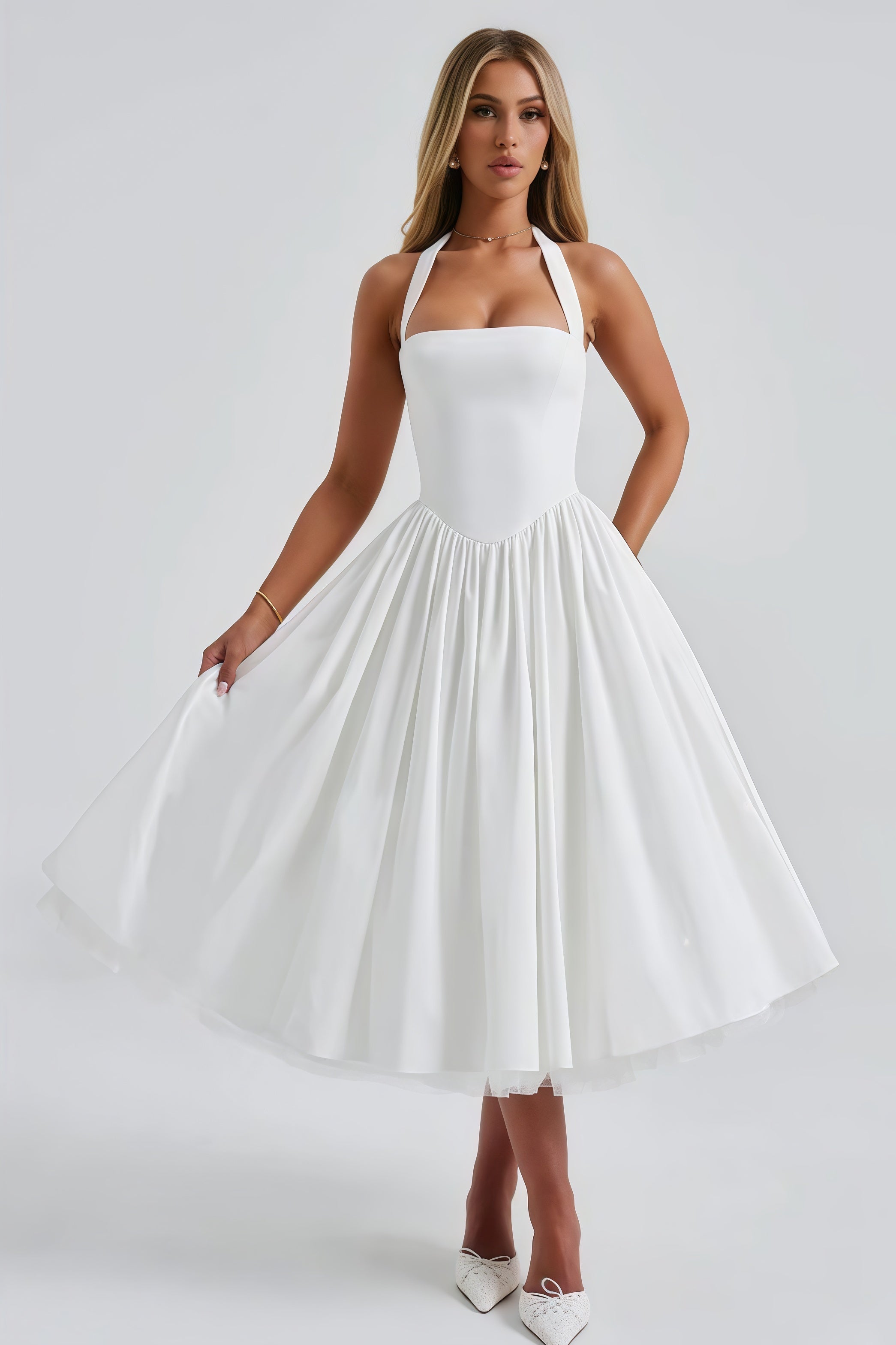 Eponine White Layered Flared Hem Midi Dress