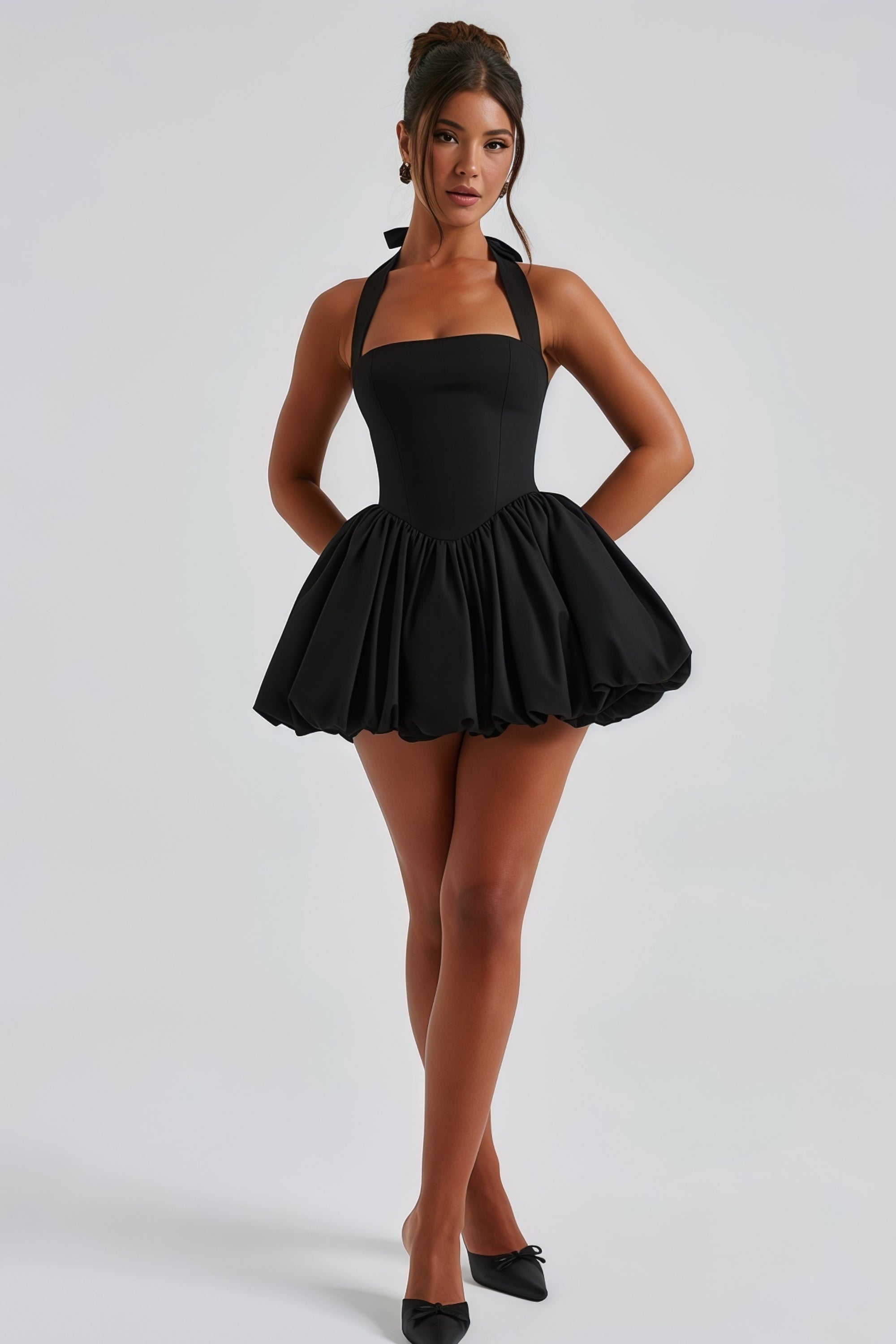 Anaelle Black Shirred Puffball Mini Dress