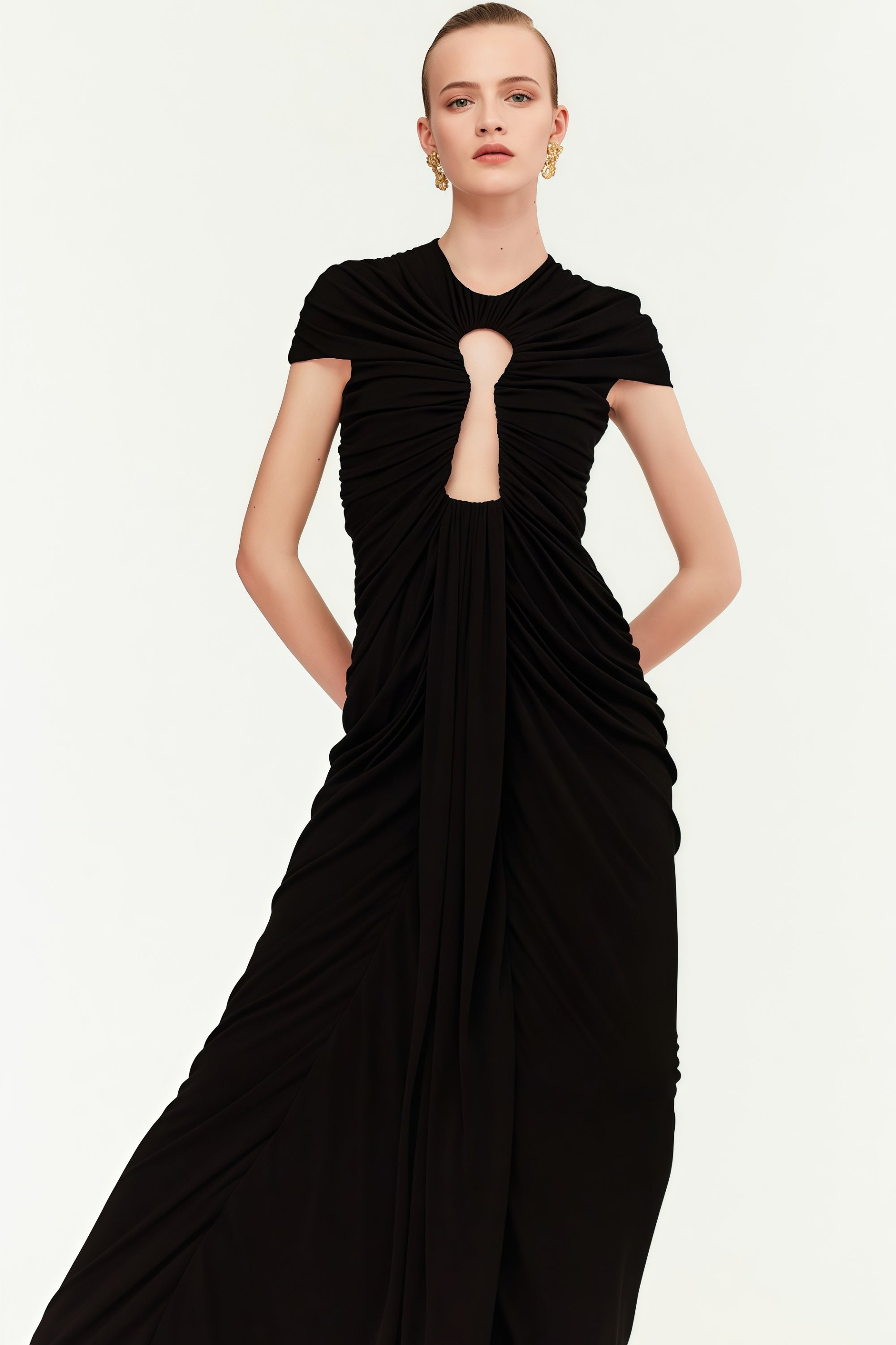 Daniela Black Keyhole Ruched Maxi Dress