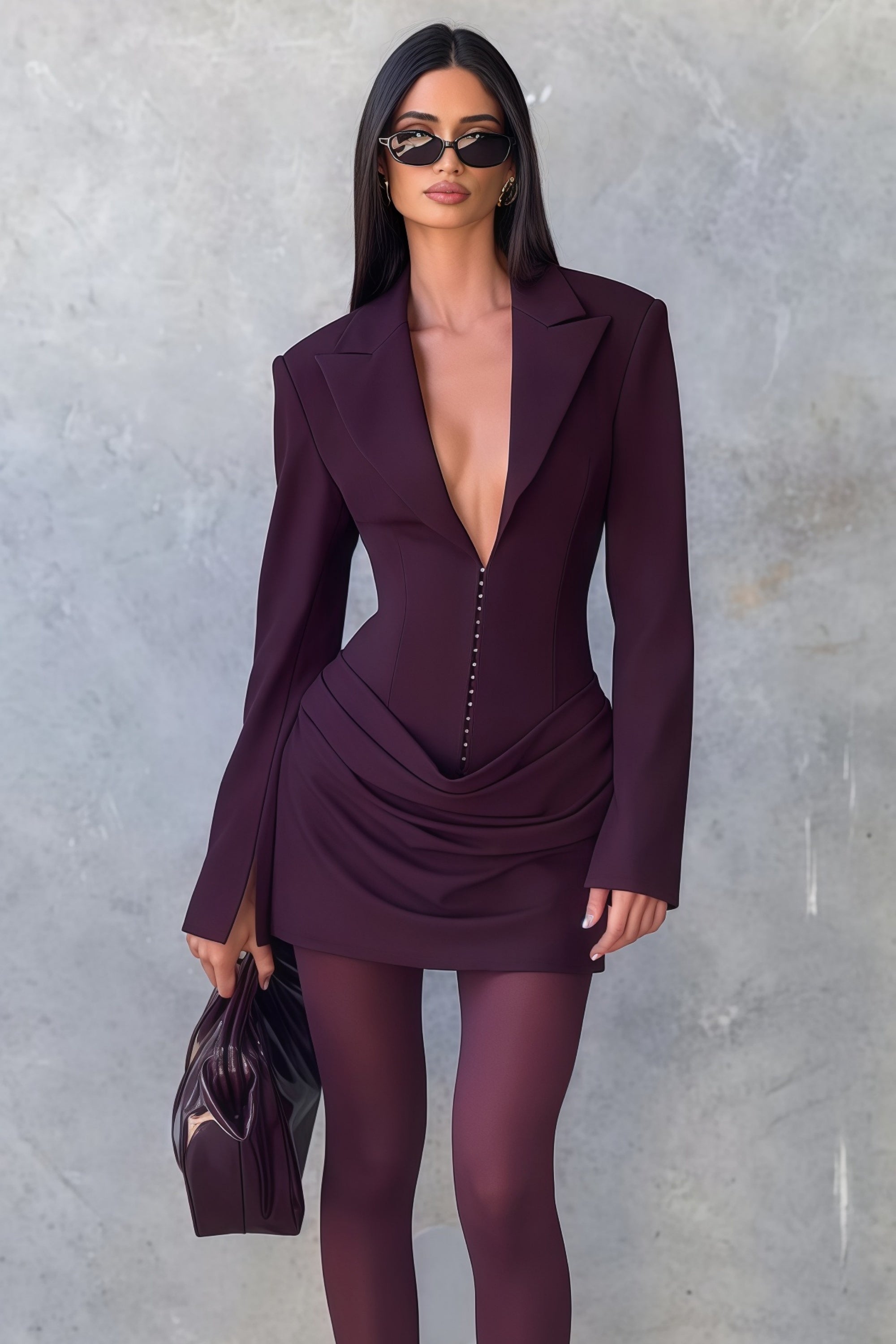 Rosette Wine Red Ruched Blazer Mini Dress