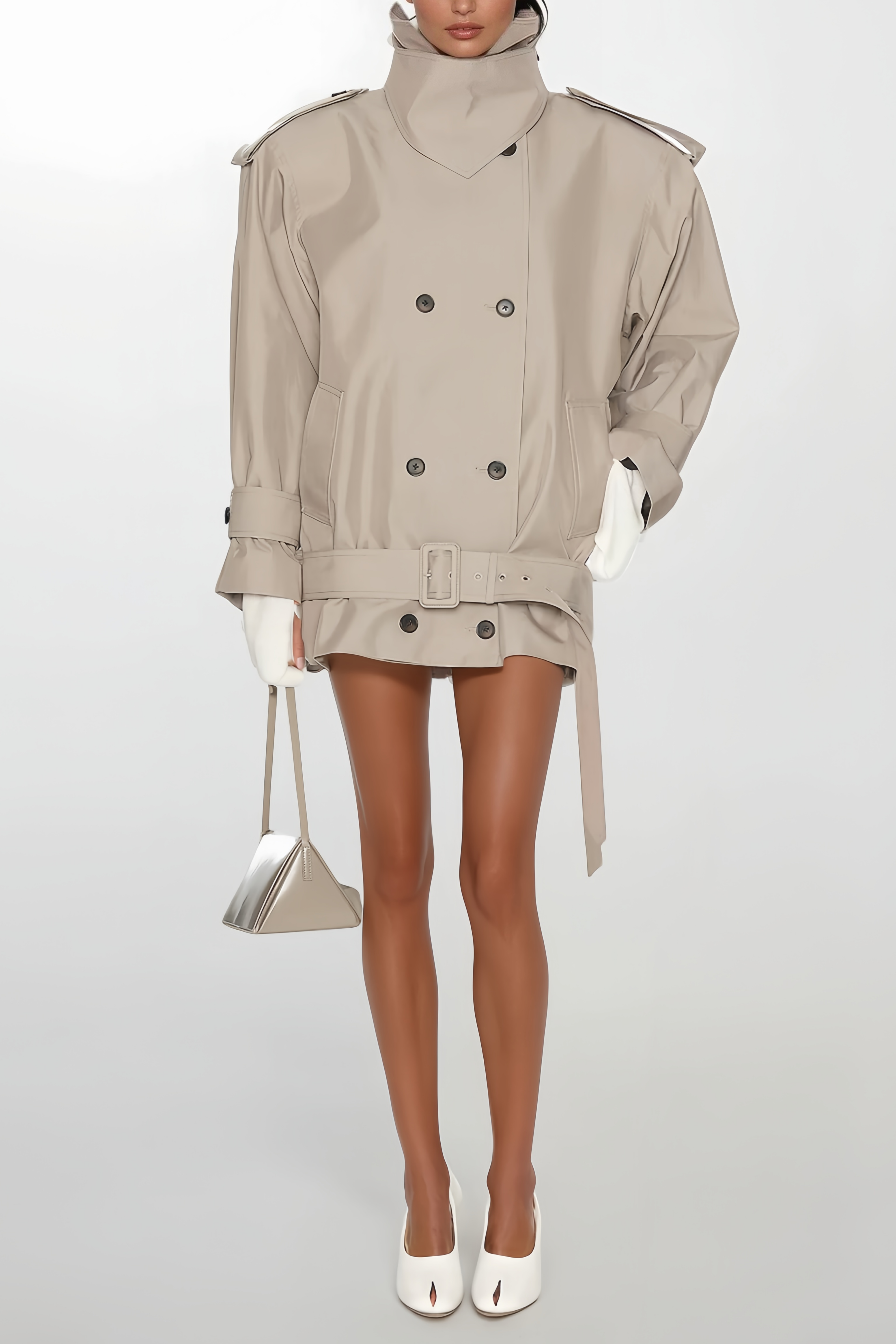 Mavis Grey Double-Breasted Belted Trench Coat