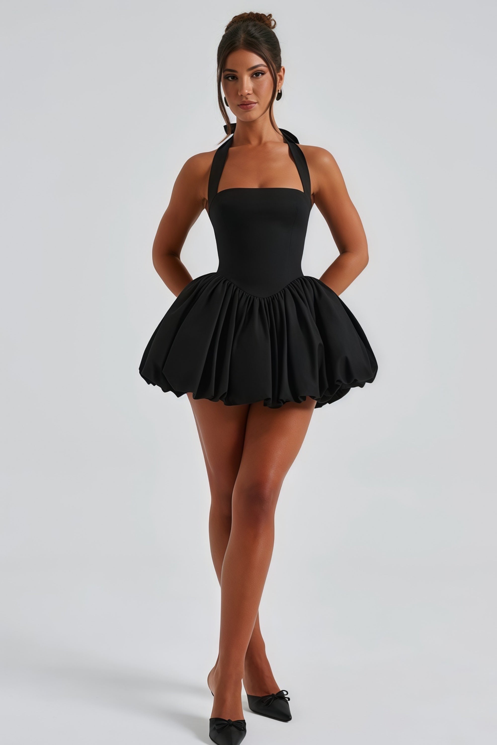 Anaelle Black Shirred Puffball Mini Dress
