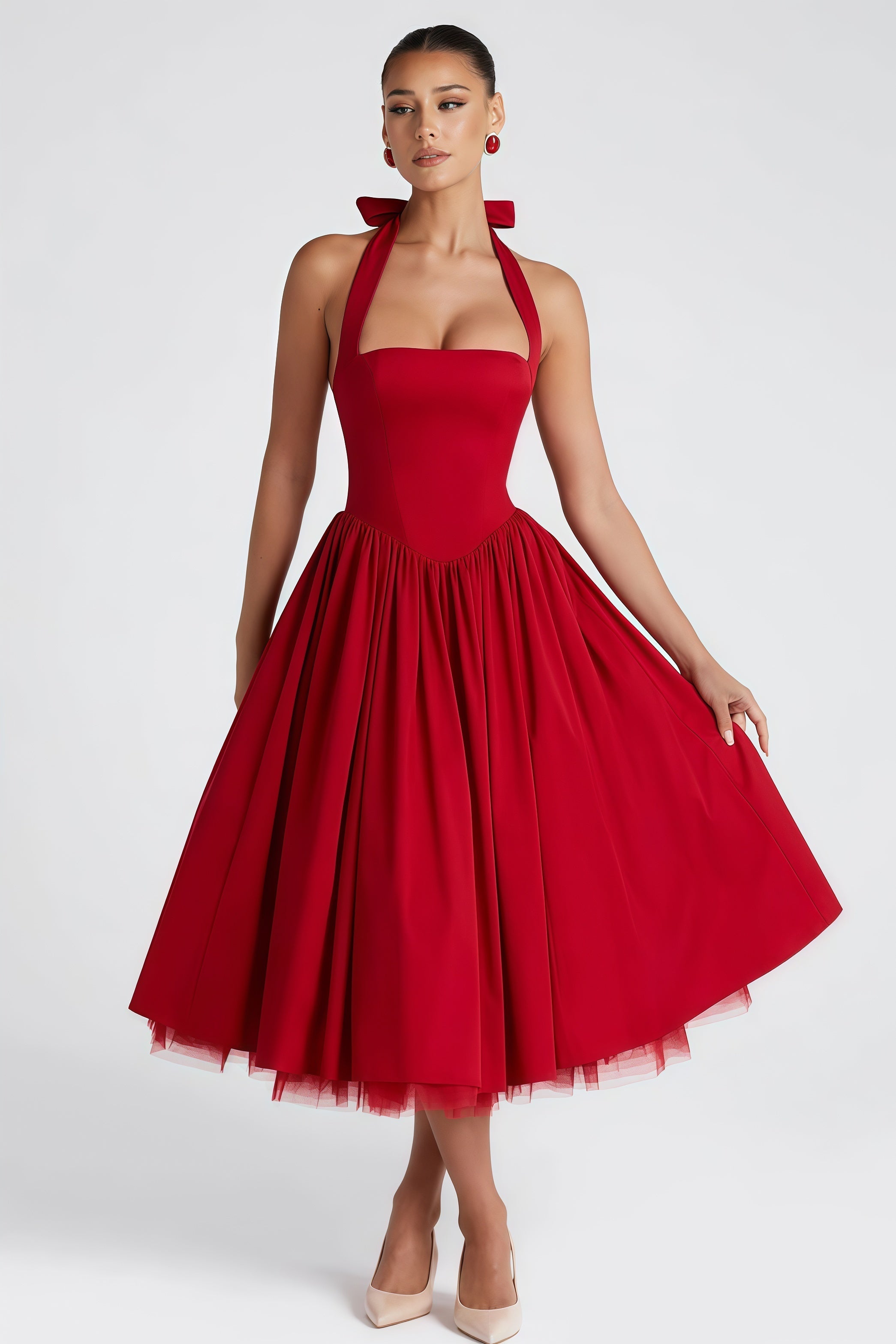 Eponine Red Layered Flared Hem Midi Dress
