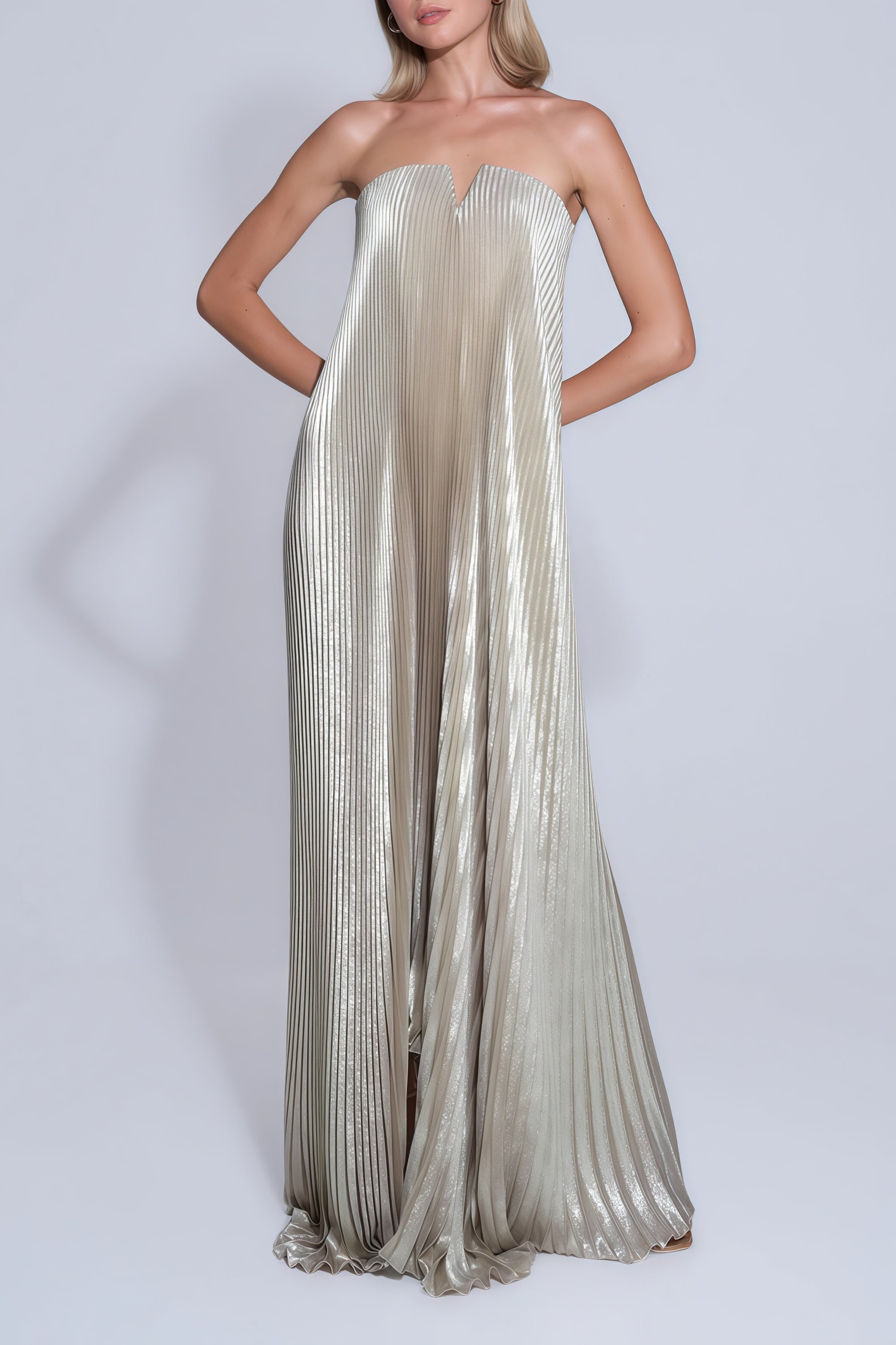 Satiné Gold Fully-pleated Maxi Dress