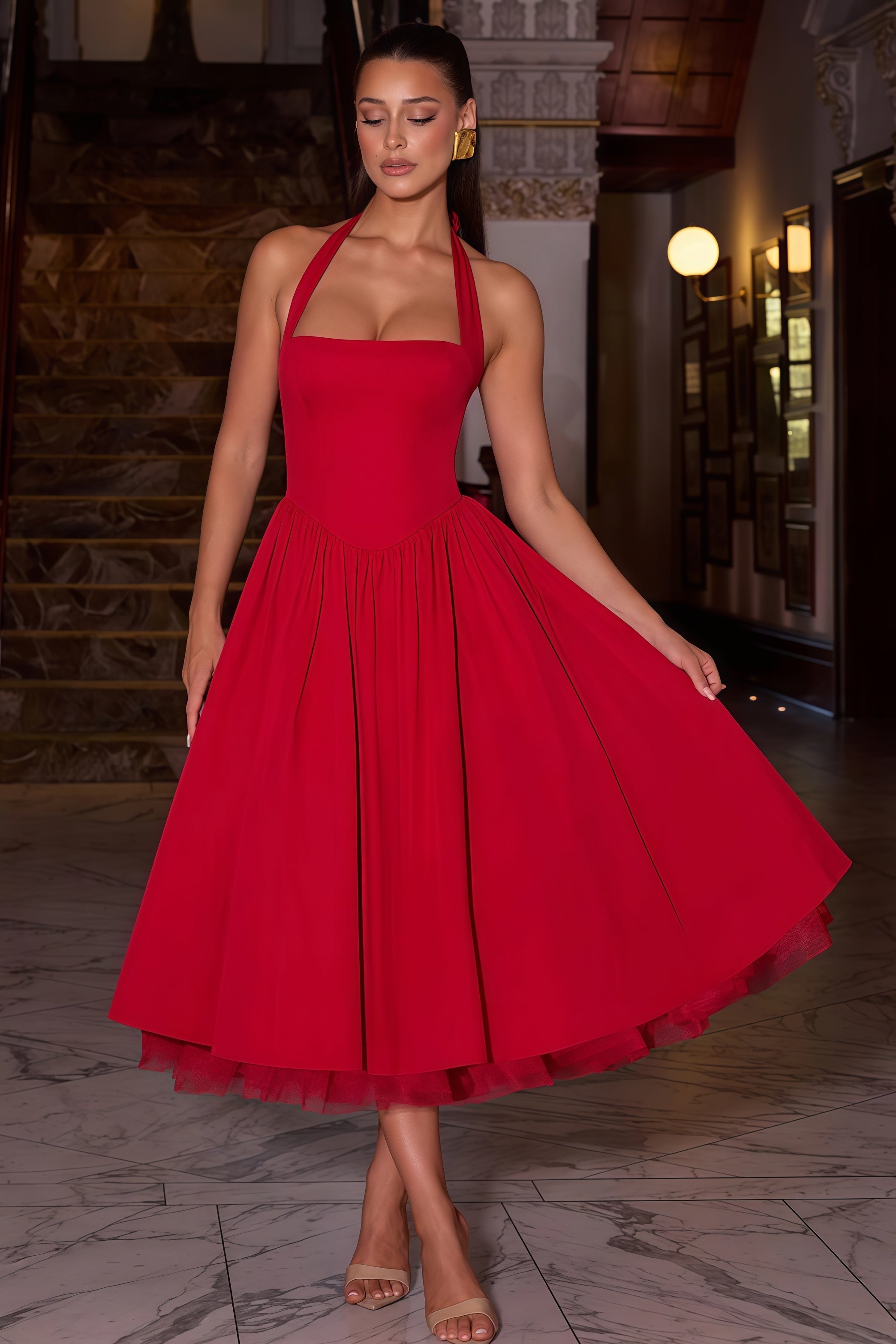 Eponine Red Layered Flared Hem Midi Dress