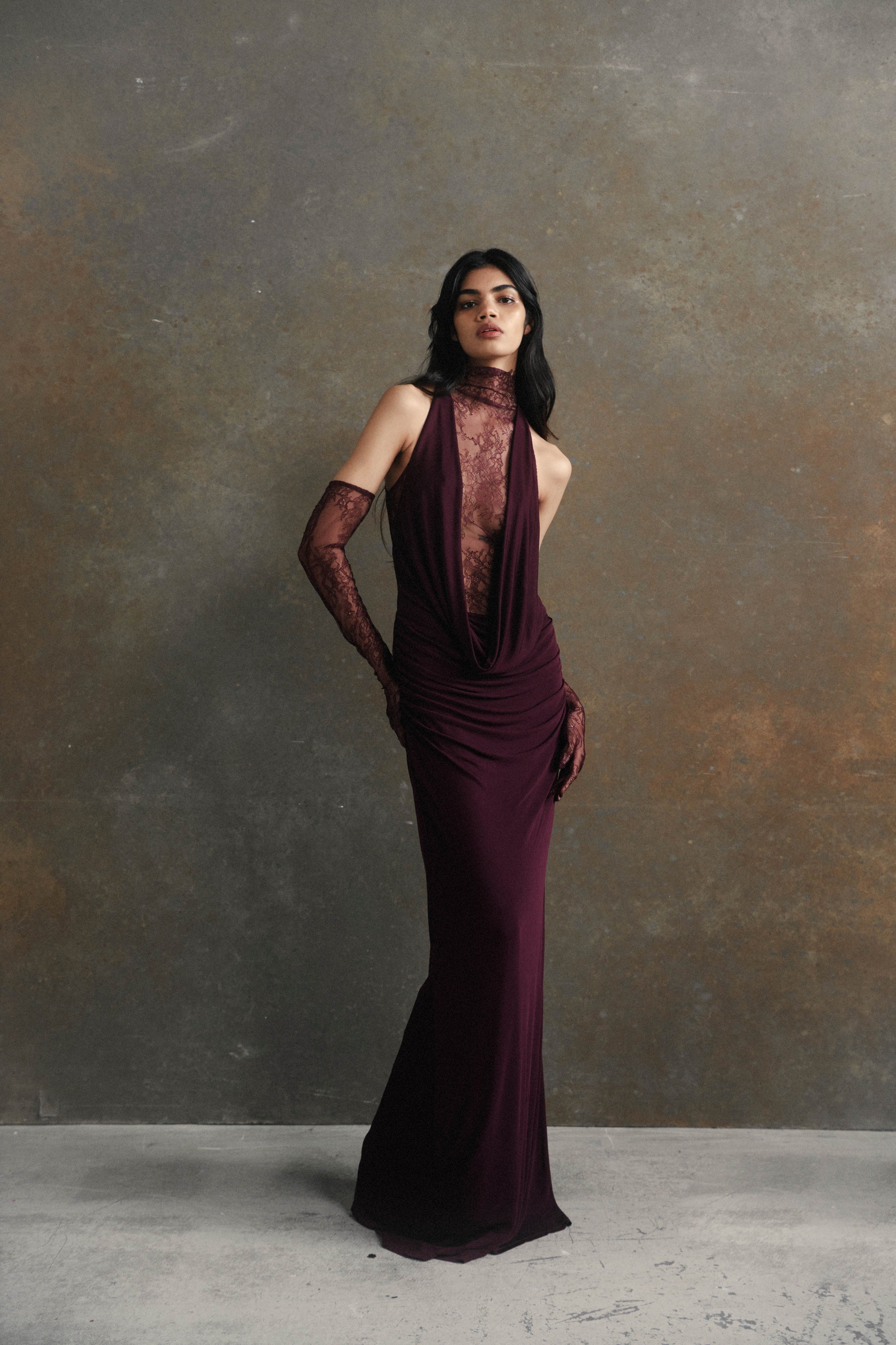 Borbála Magenta Lace Bodice Ruched Maxi Dress