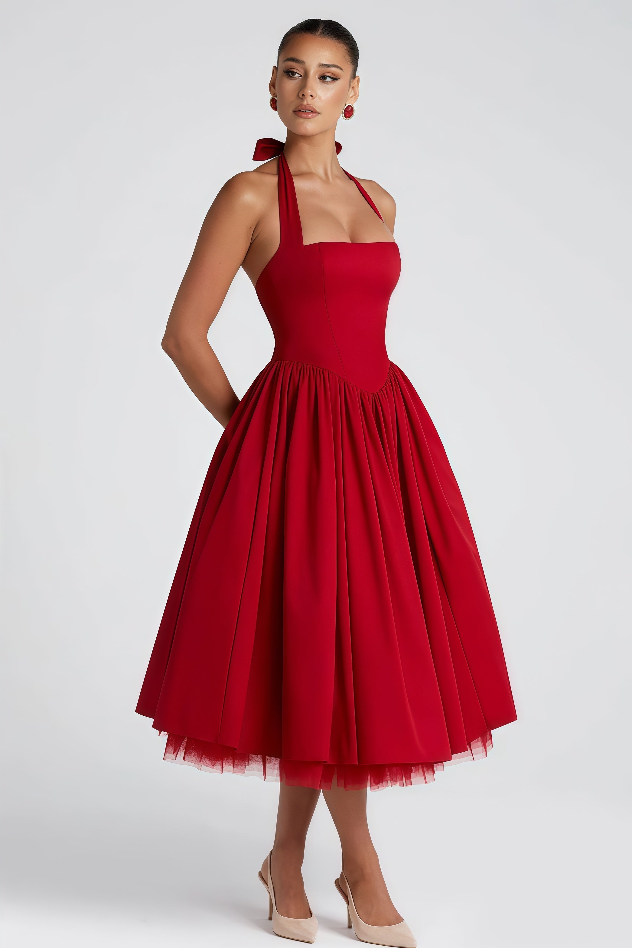 Eponine Red Layered Flared Hem Midi Dress