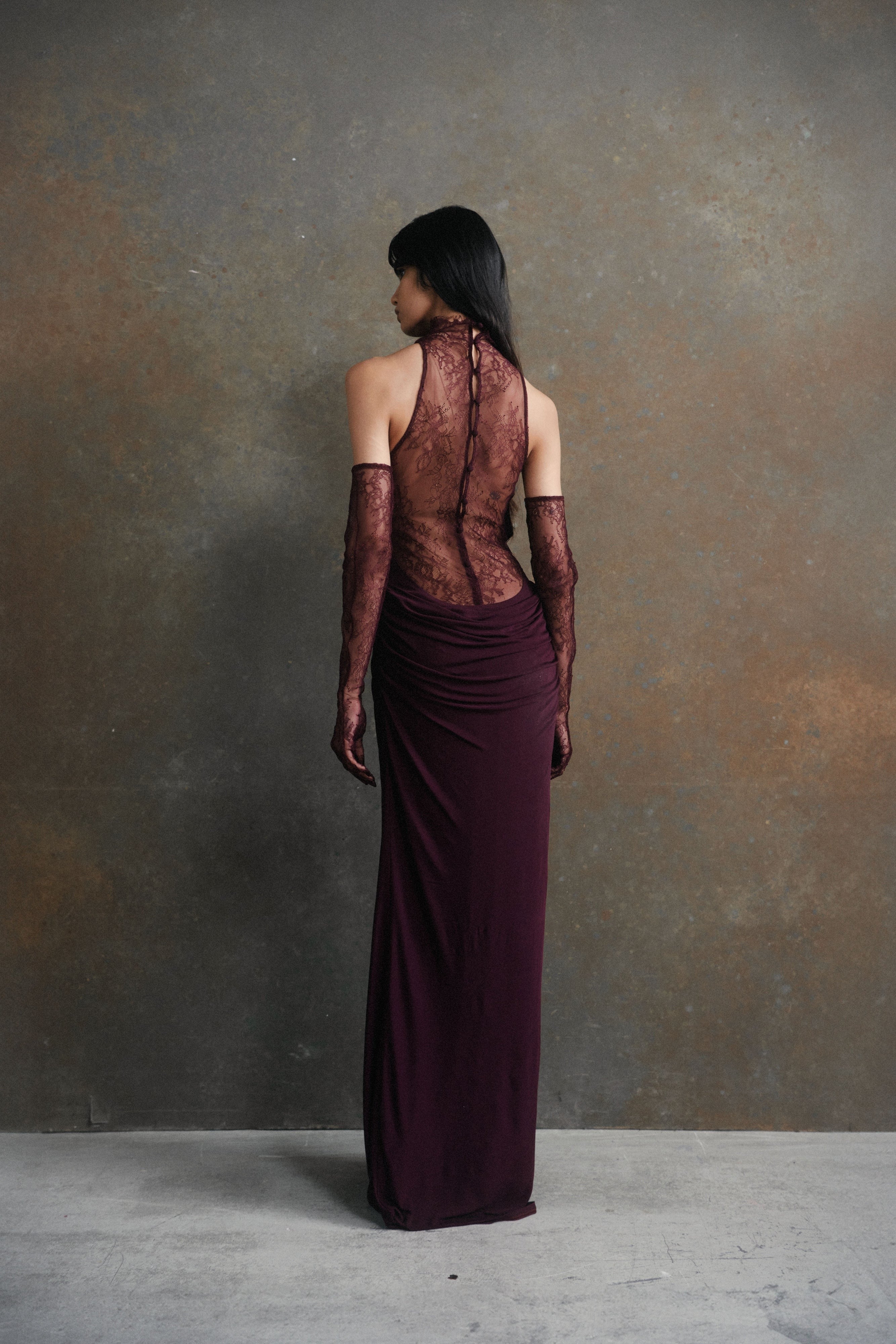 Borbála Magenta Lace Bodice Ruched Maxi Dress