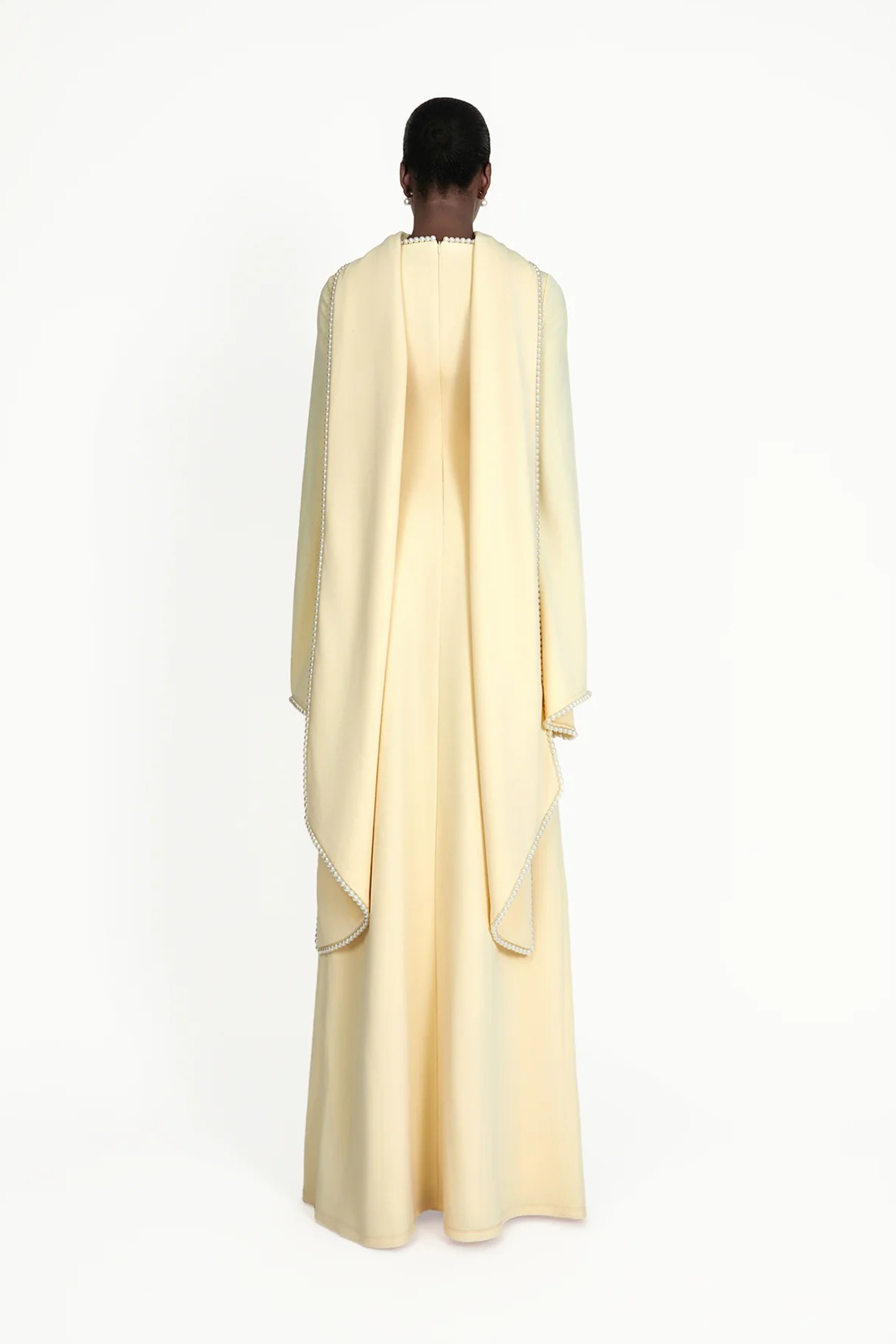 Piroska Yellow Pearl Trim Shawl Detail Maxi Dress