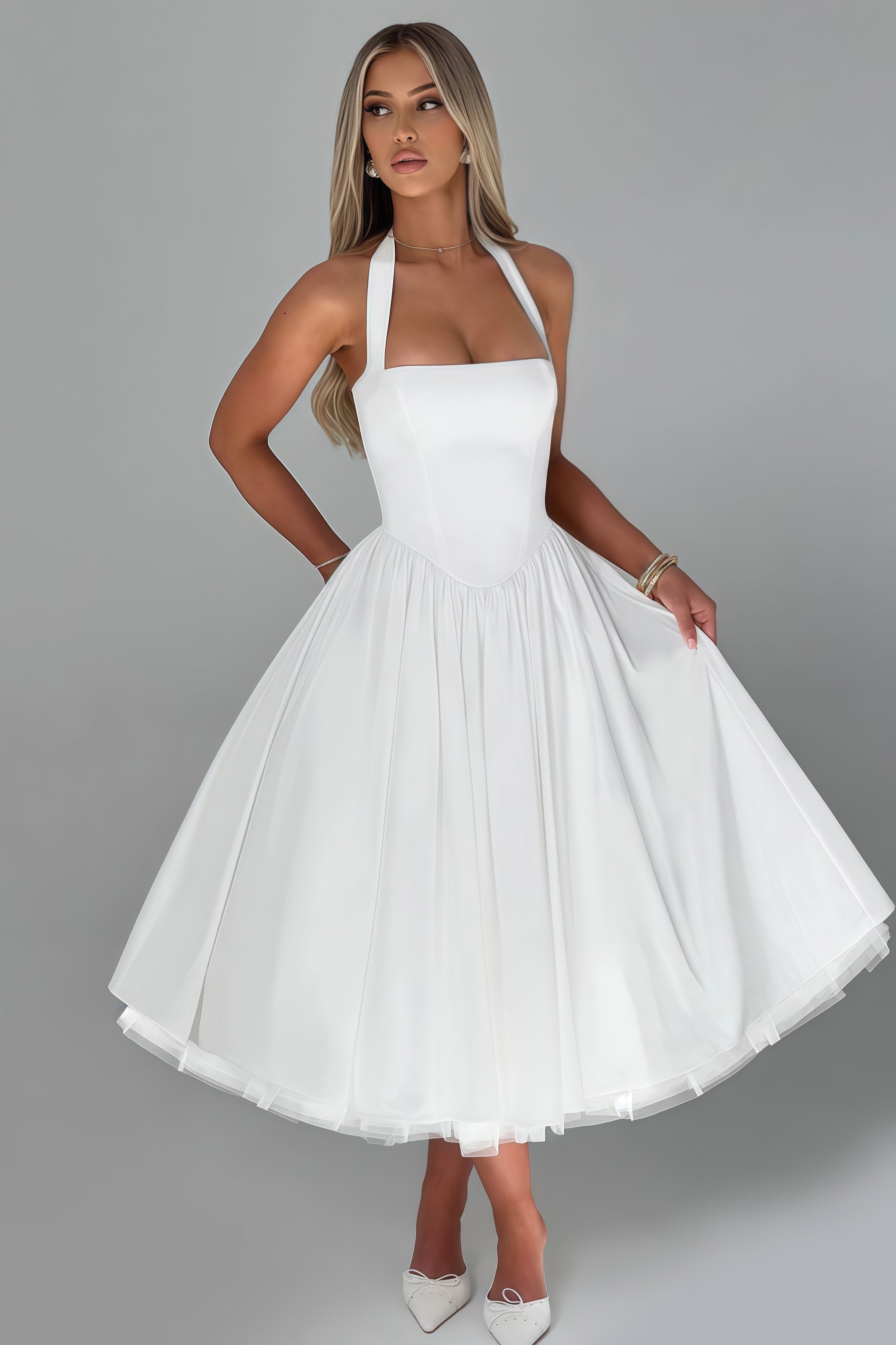 Eponine White Layered Flared Hem Midi Dress