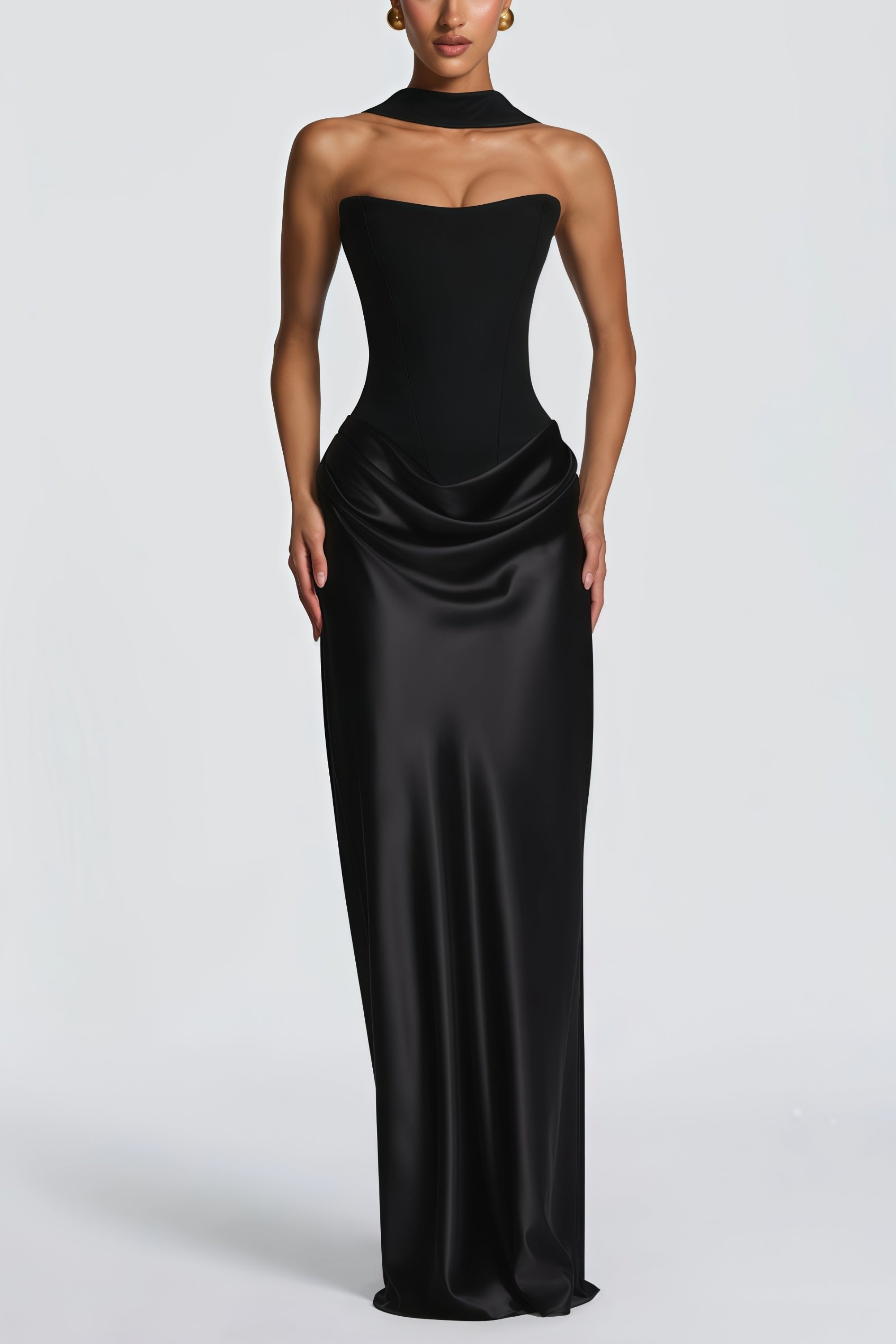 Berit Black Scarf Off Shoulder Ruched Maxi Dress (Final Sale-US Only)