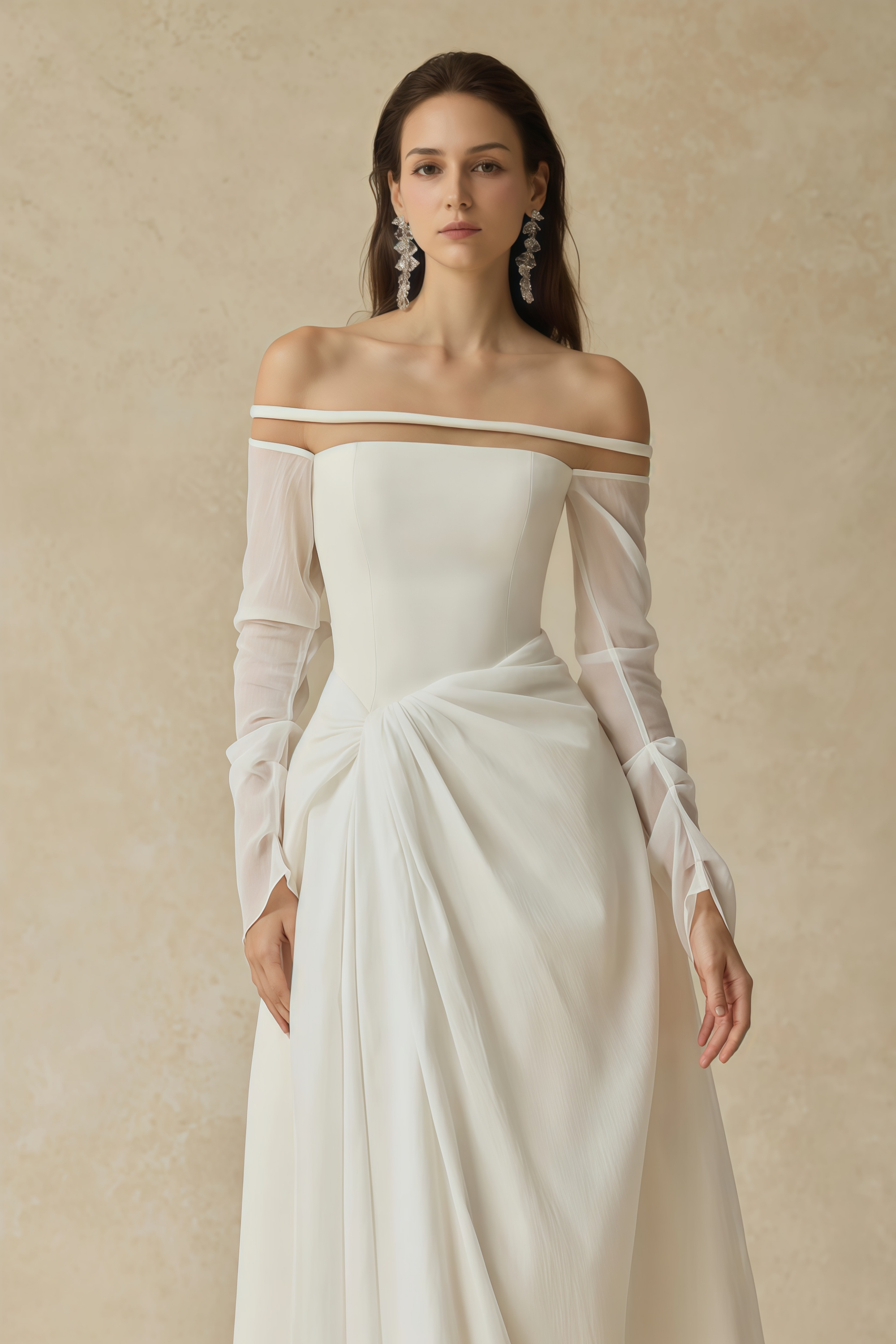 Gelsomina White Gathered Crepe Midi Dress