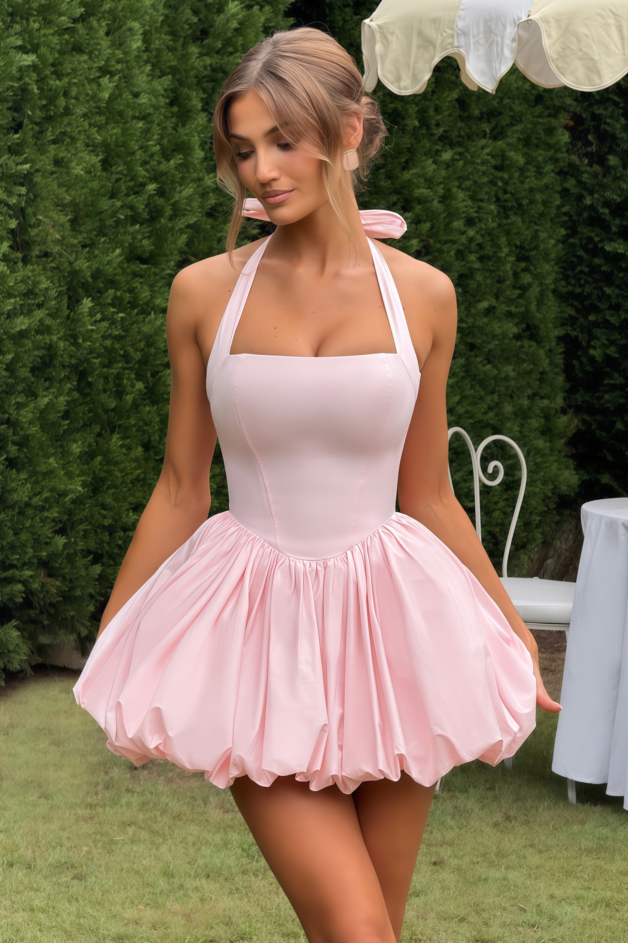 Anaelle Pink Shirred Puffball Mini Dress