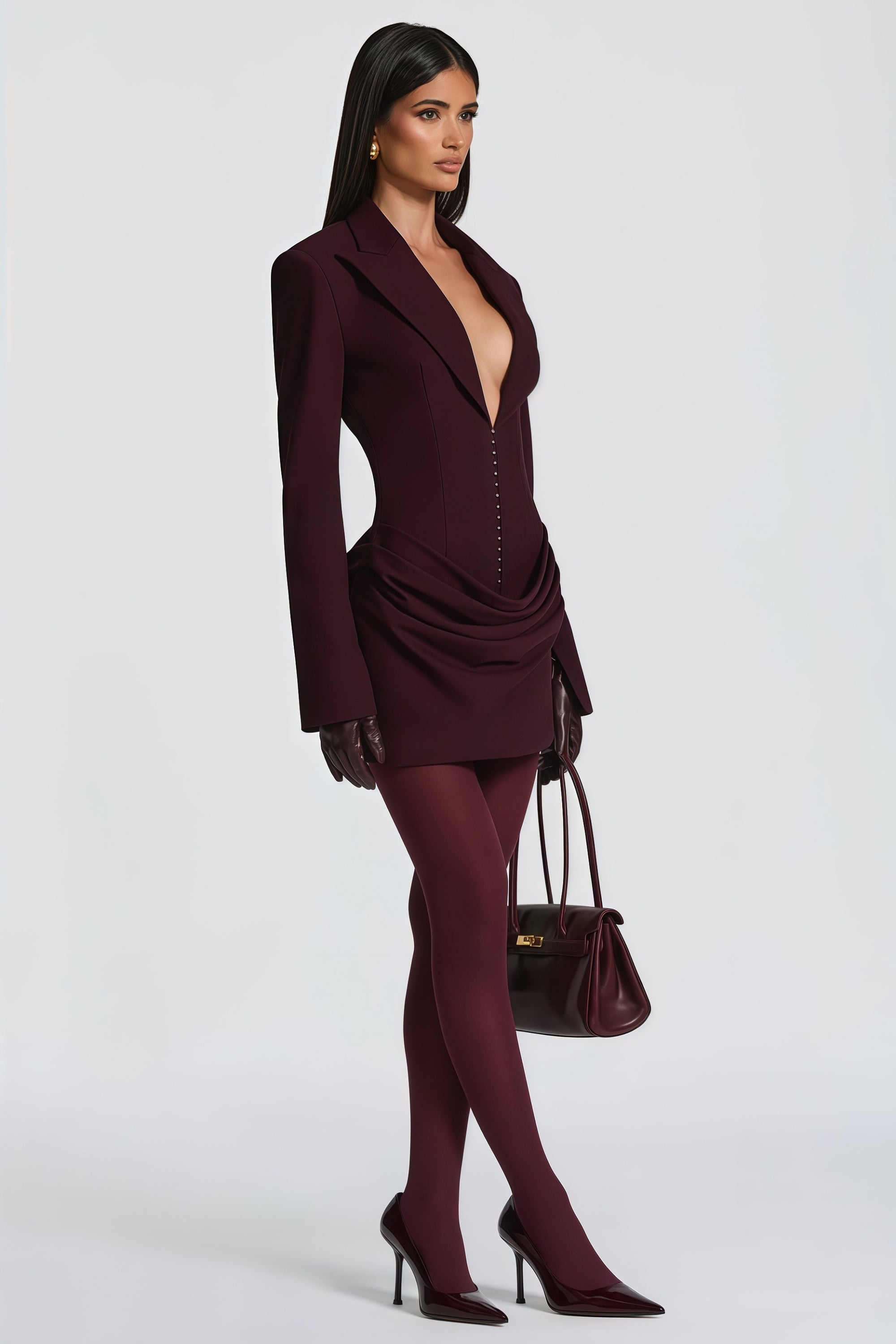 Rosette Wine Red Ruched Blazer Mini Dress
