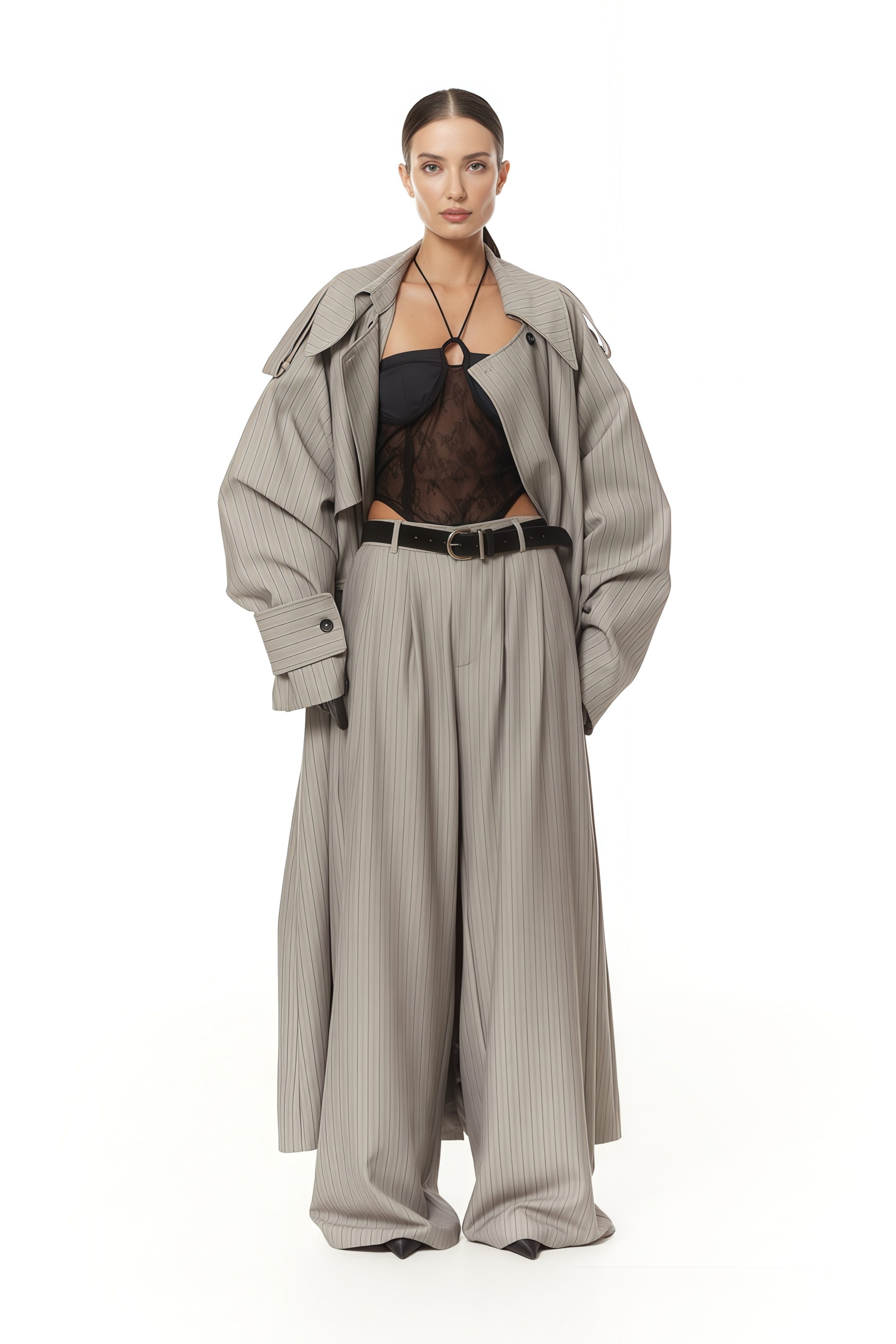 Clémence Grey Striped Trench Coat & Trousers Set