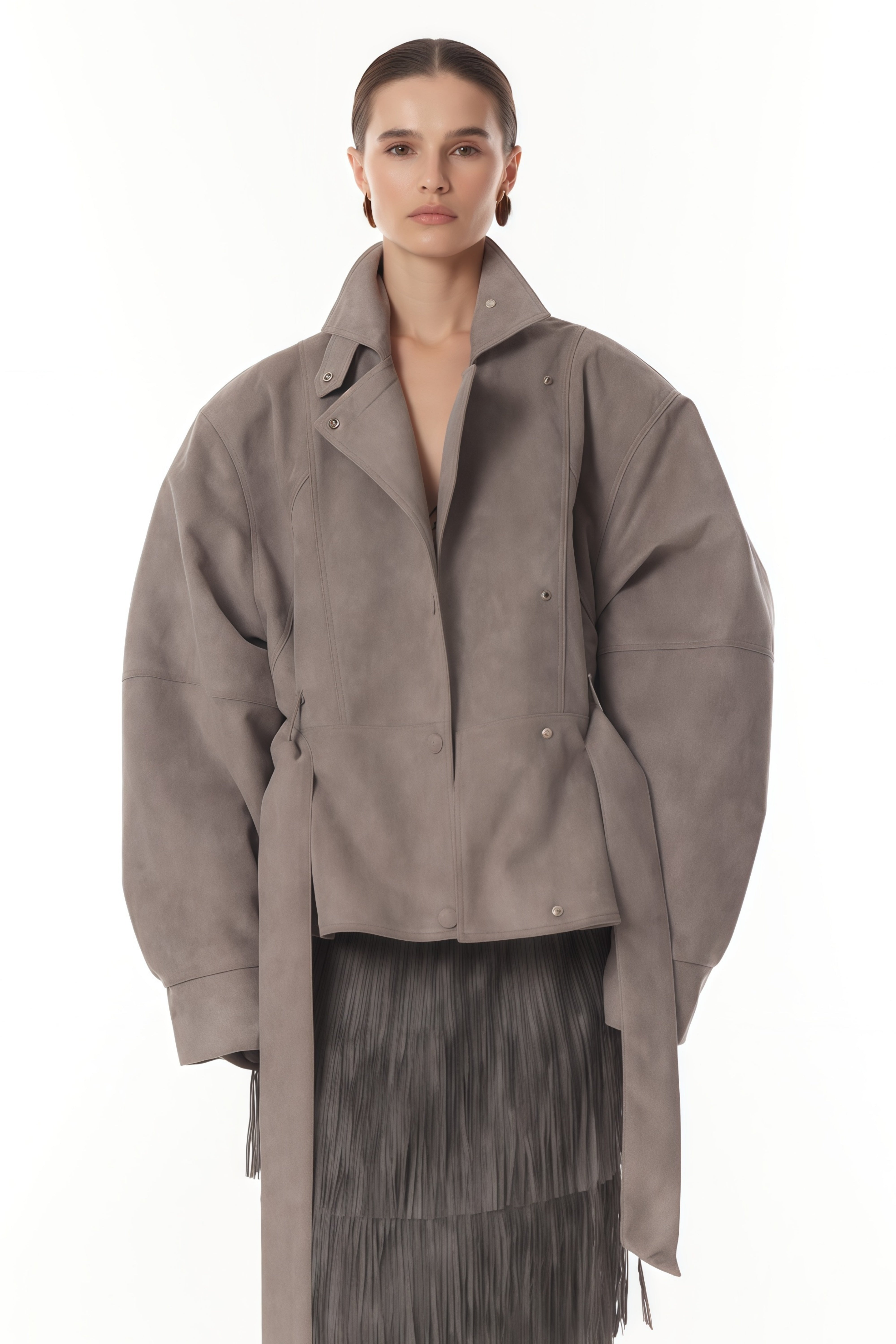 Aveline Grey Belted Suede Biker Jacket