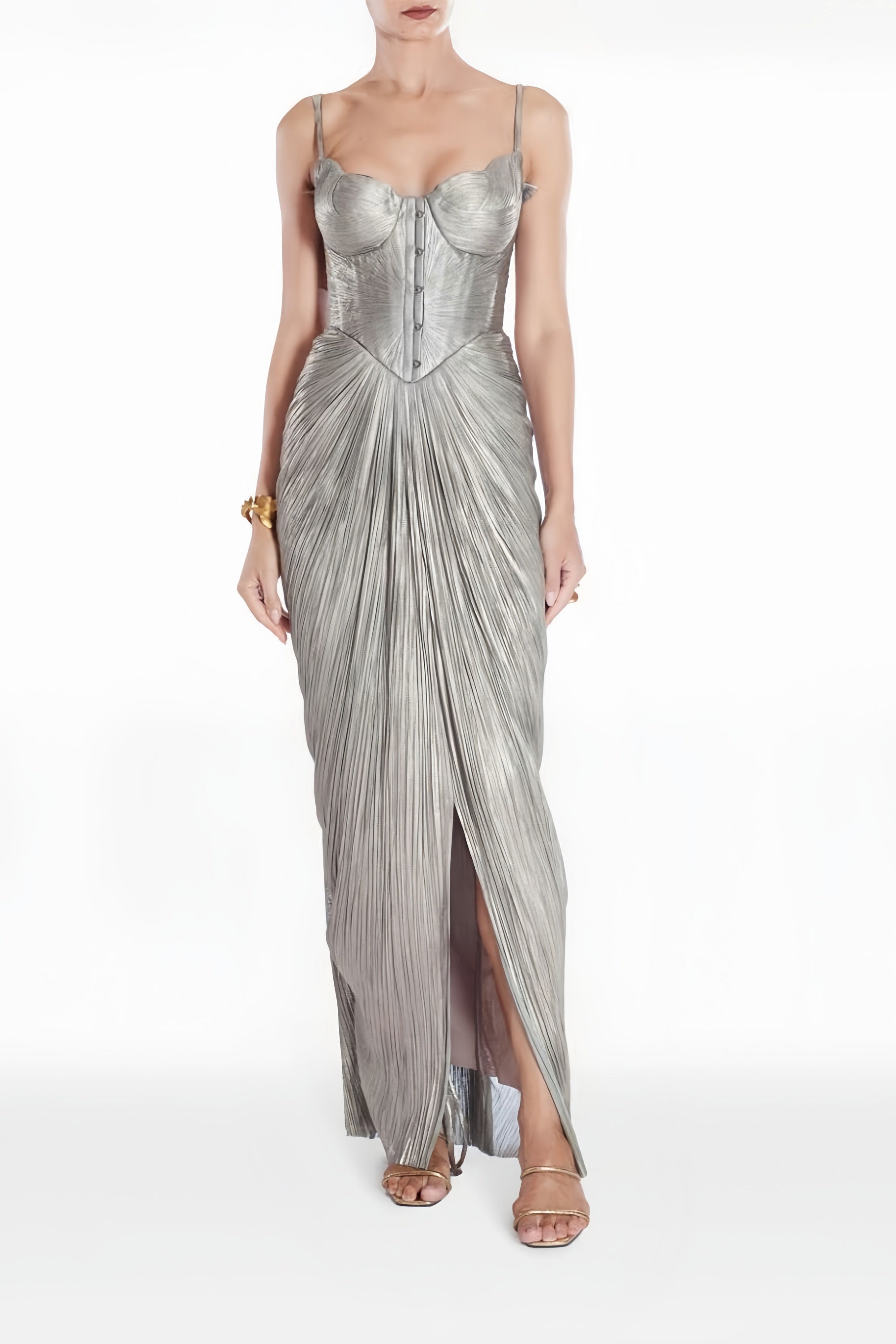 Nicoletta Silver Glossy Pleated Corset Maxi Dress (Final Sale-US Only)