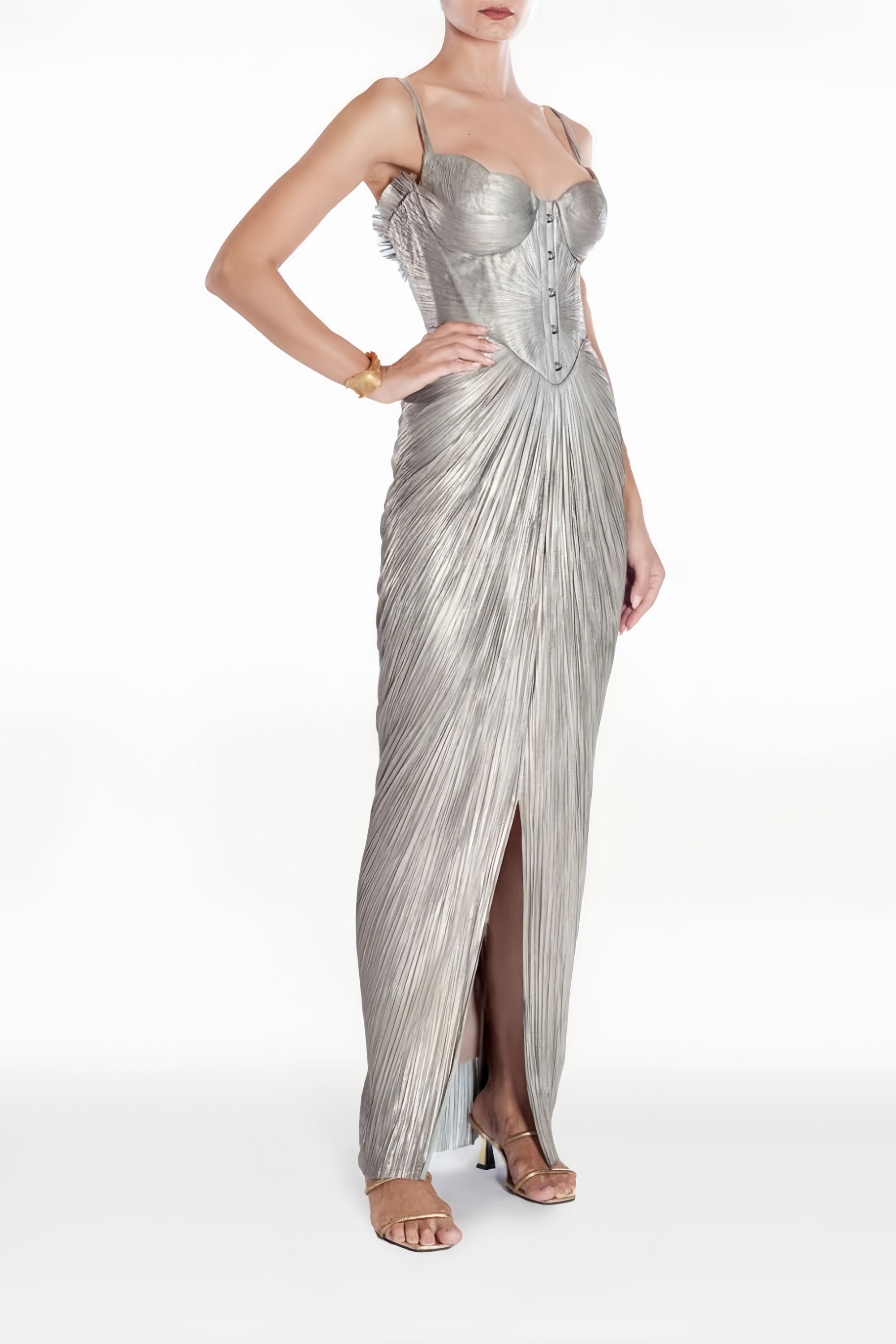 Nicoletta Silver Glossy Pleated Corset Maxi Dress (Final Sale-US Only)