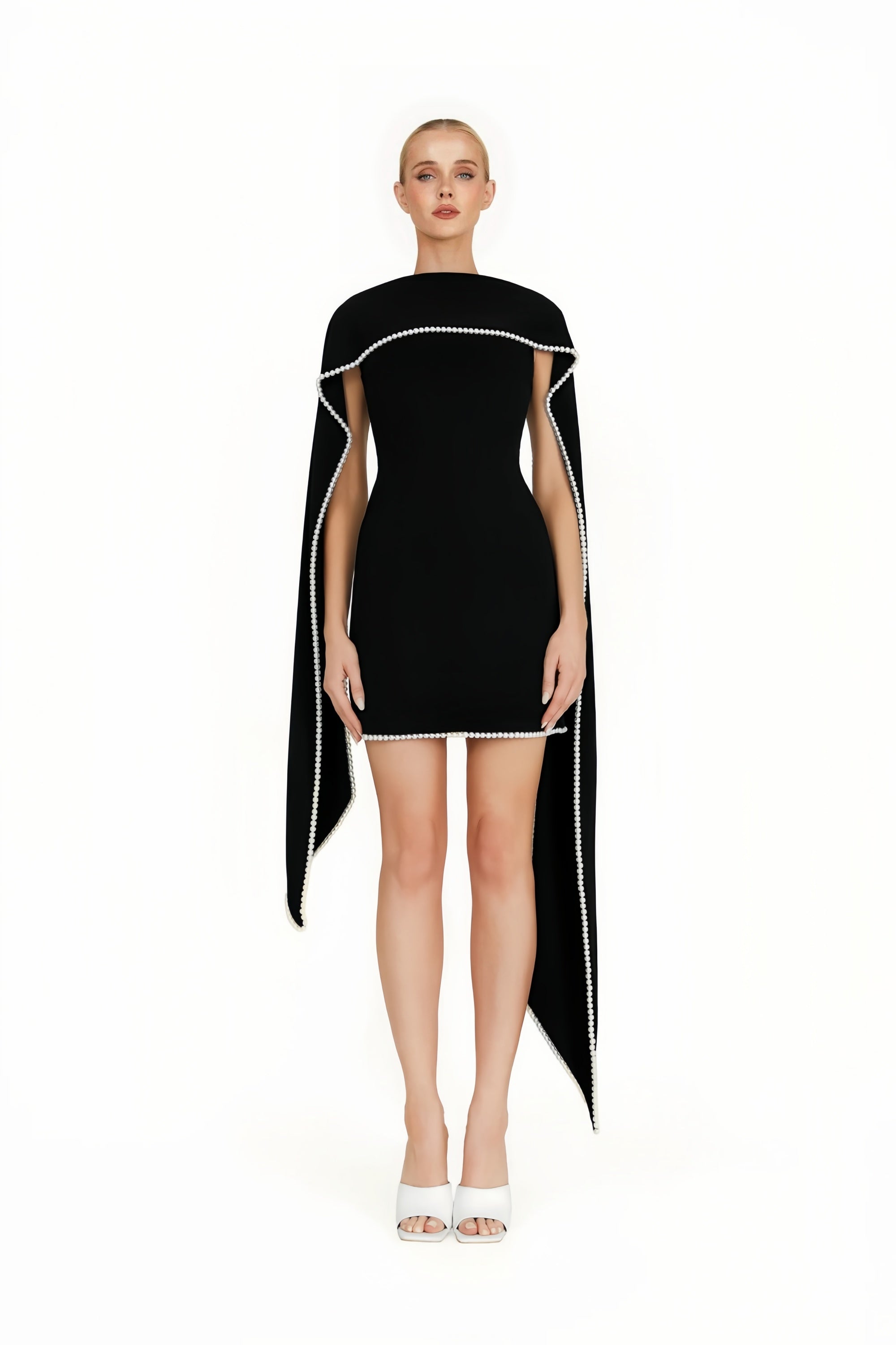 Piroska Black Sleeveless Pearl Trim Mini Dress