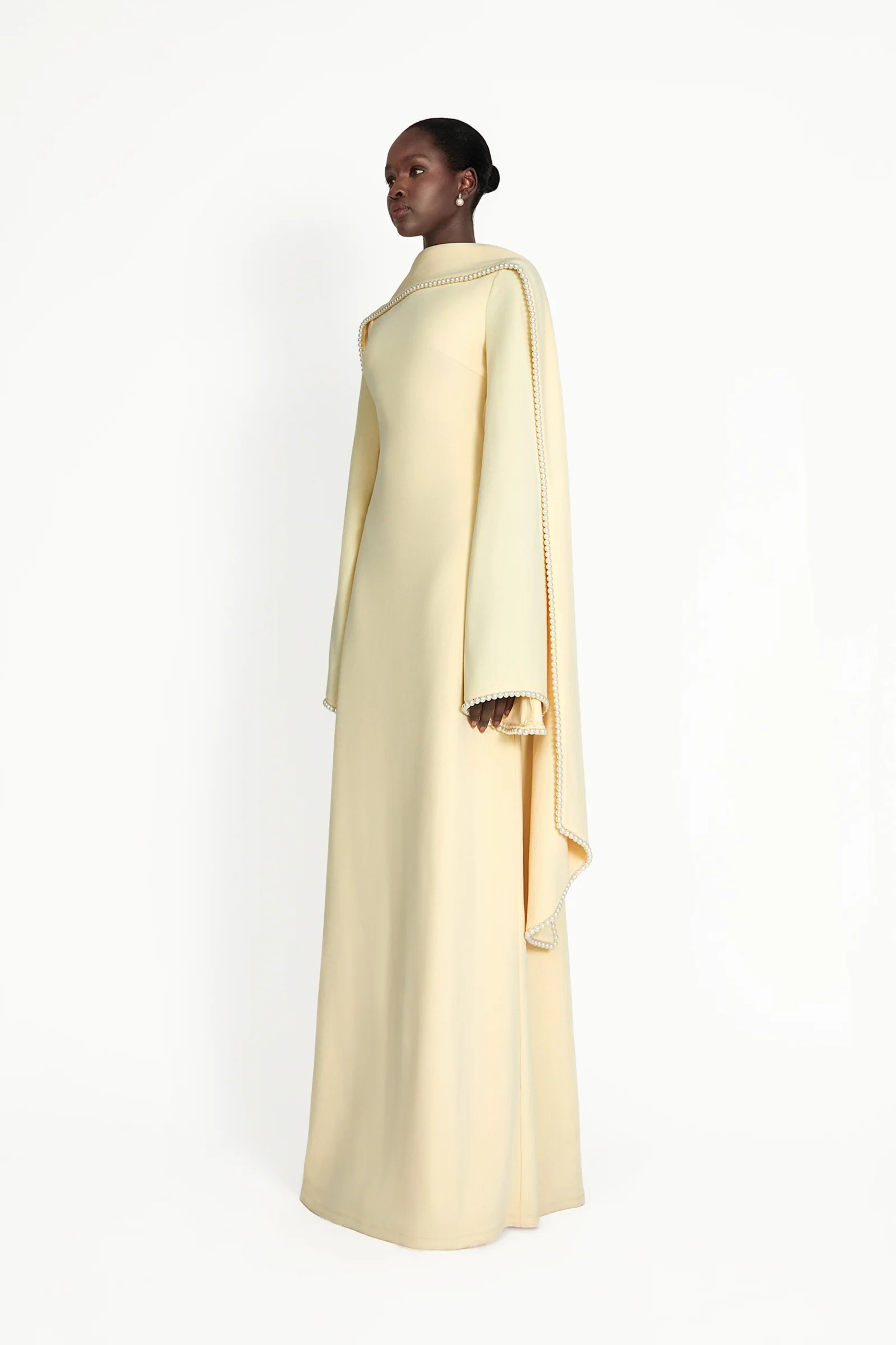 Piroska Yellow Pearl Trim Shawl Detail Maxi Dress
