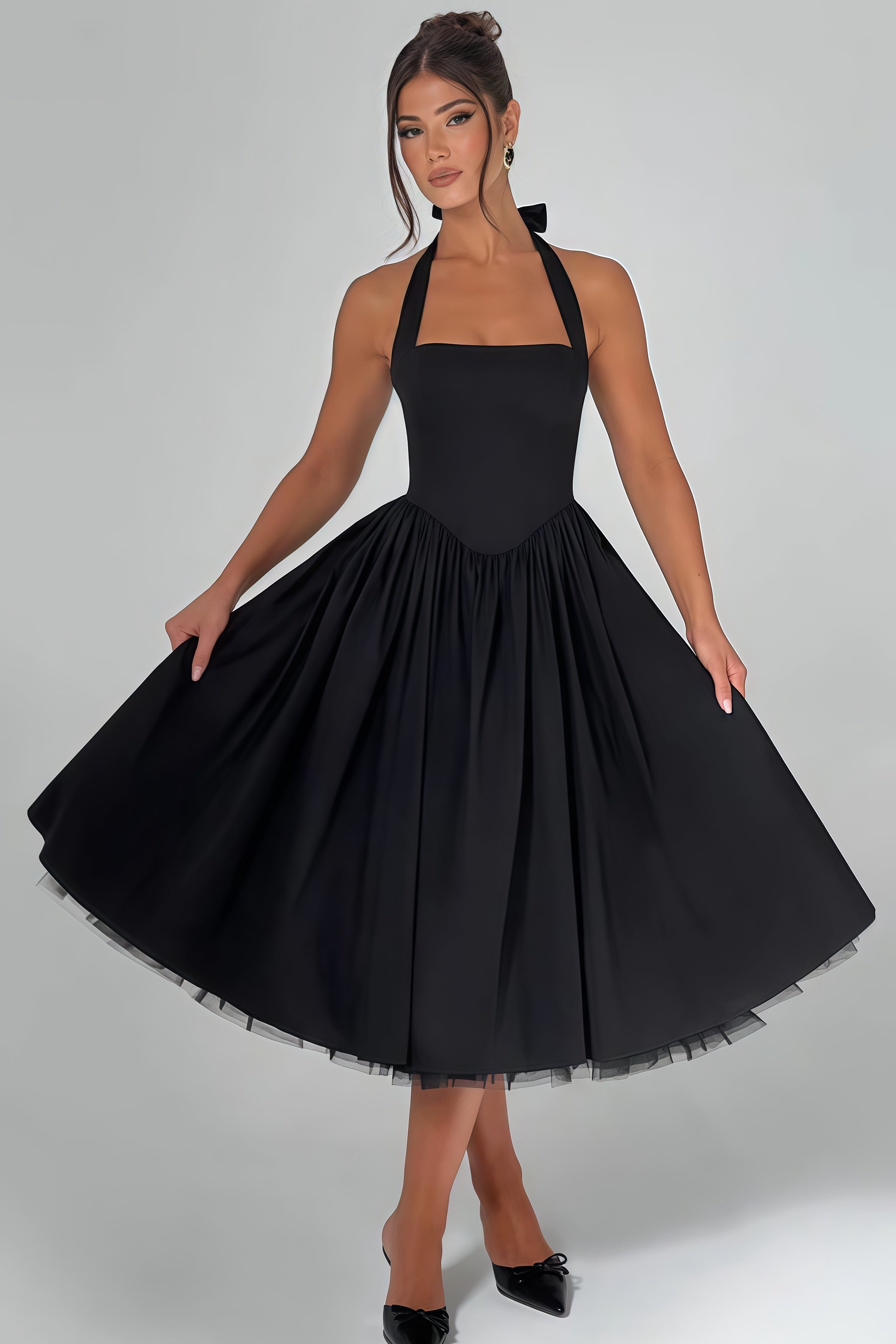 Eponine Black Layered Flared Hem Midi Dress