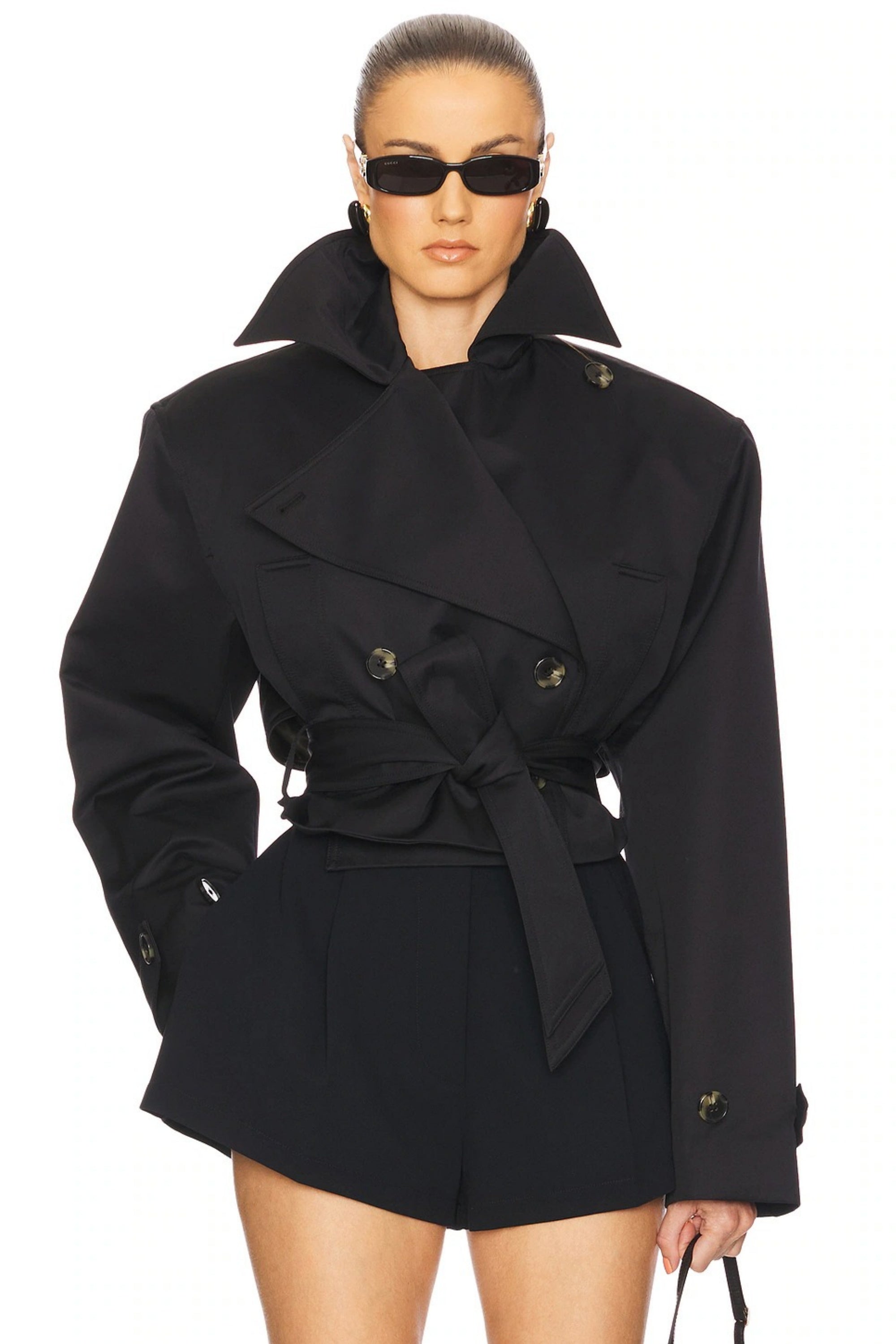 Avril Black Double-Breasted Short Trench Coat